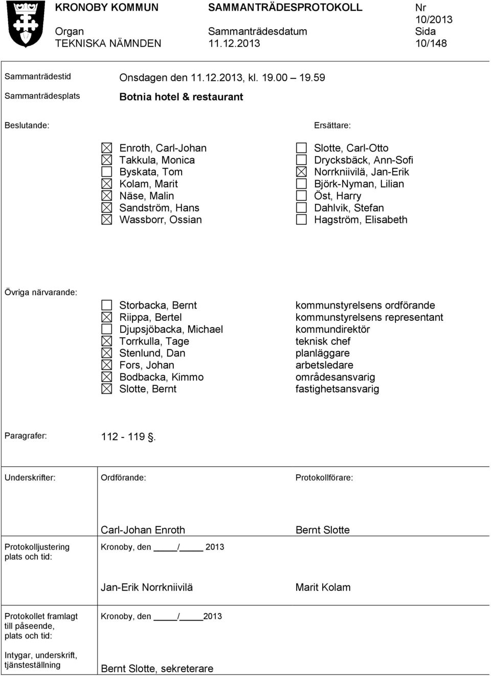 Drycksbäck, Ann-Sofi Norrkniivilä, Jan-Erik Björk-Nyman, Lilian Öst, Harry Dahlvik, Stefan Hagström, Elisabeth Övriga närvarande: Storbacka, Bernt Riippa, Bertel Djupsjöbacka, Michael Torrkulla, Tage