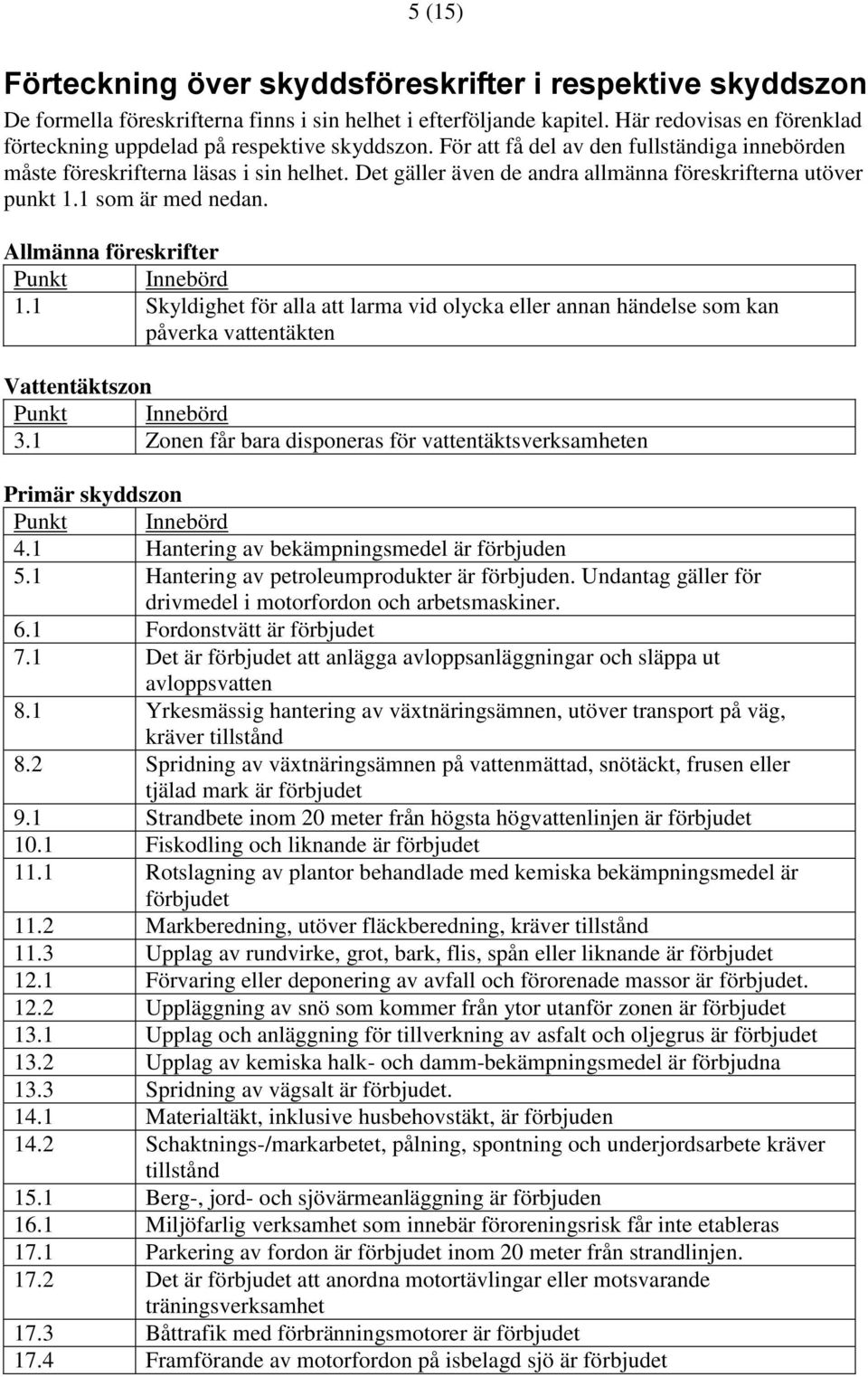 Det gäller även de andra allmänna föreskrifterna utöver punkt 1.1 som är med nedan. Allmänna föreskrifter Punkt Innebörd 1.