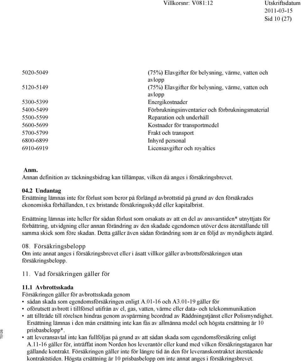 Licensavgifter och royalties Anm. Annan definition av täckningsbidrag kan tillämpas, vilken då anges i försäkringsbrevet. 04.