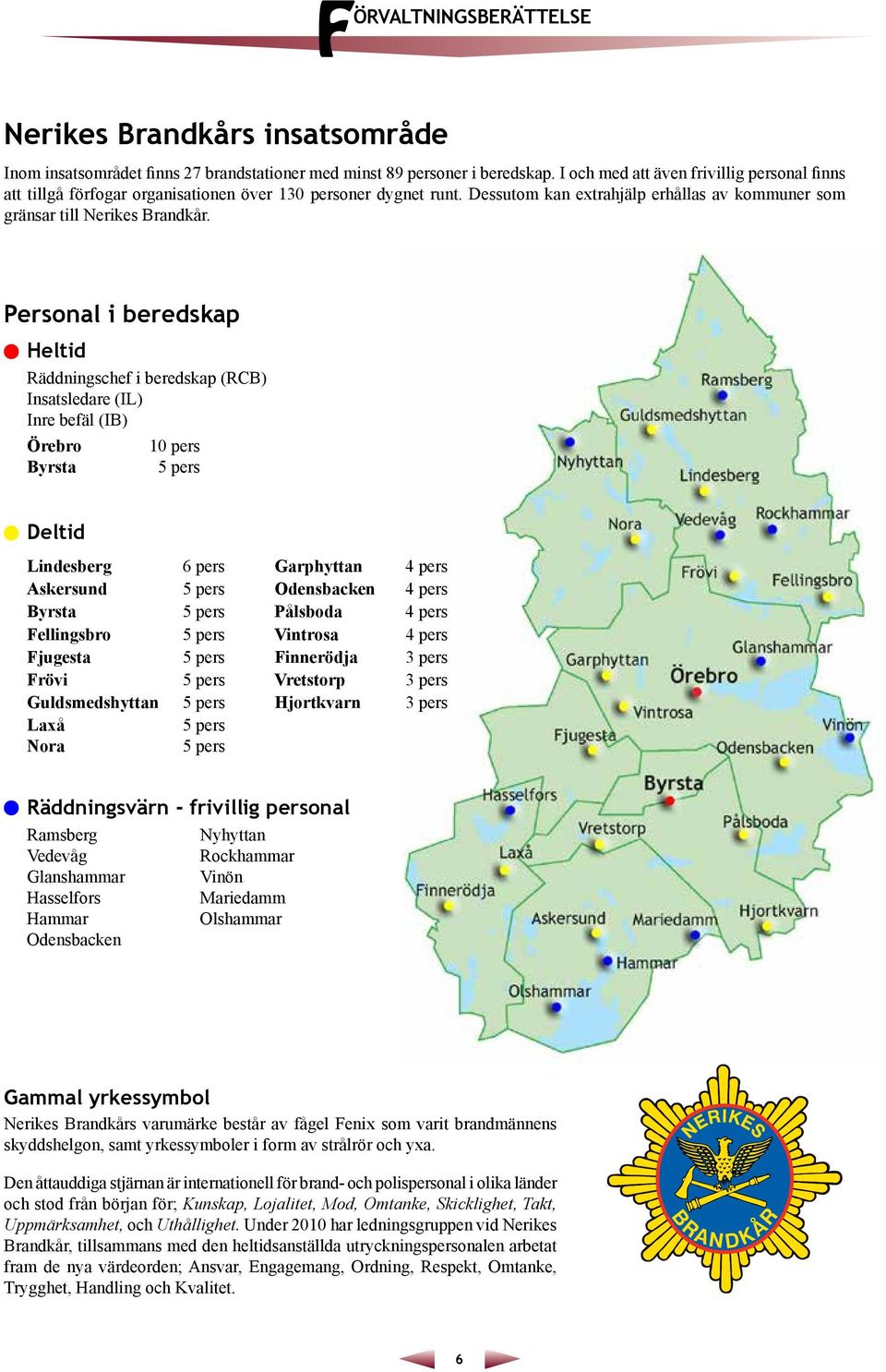 Personal i beredskap Heltid Räddningschef i beredskap (RCB) Insatsledare (IL) Inre befäl (IB) Örebro 10 pers Byrsta 5 pers Deltid Lindesberg 6 pers Garphyttan 4 pers Askersund 5 pers Odensbacken 4