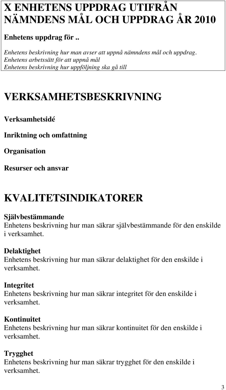 KVALITETSINDIKATORER Självbestämmande Enhetens beskrivning hur man säkrar självbestämmande för den enskilde i verksamhet.