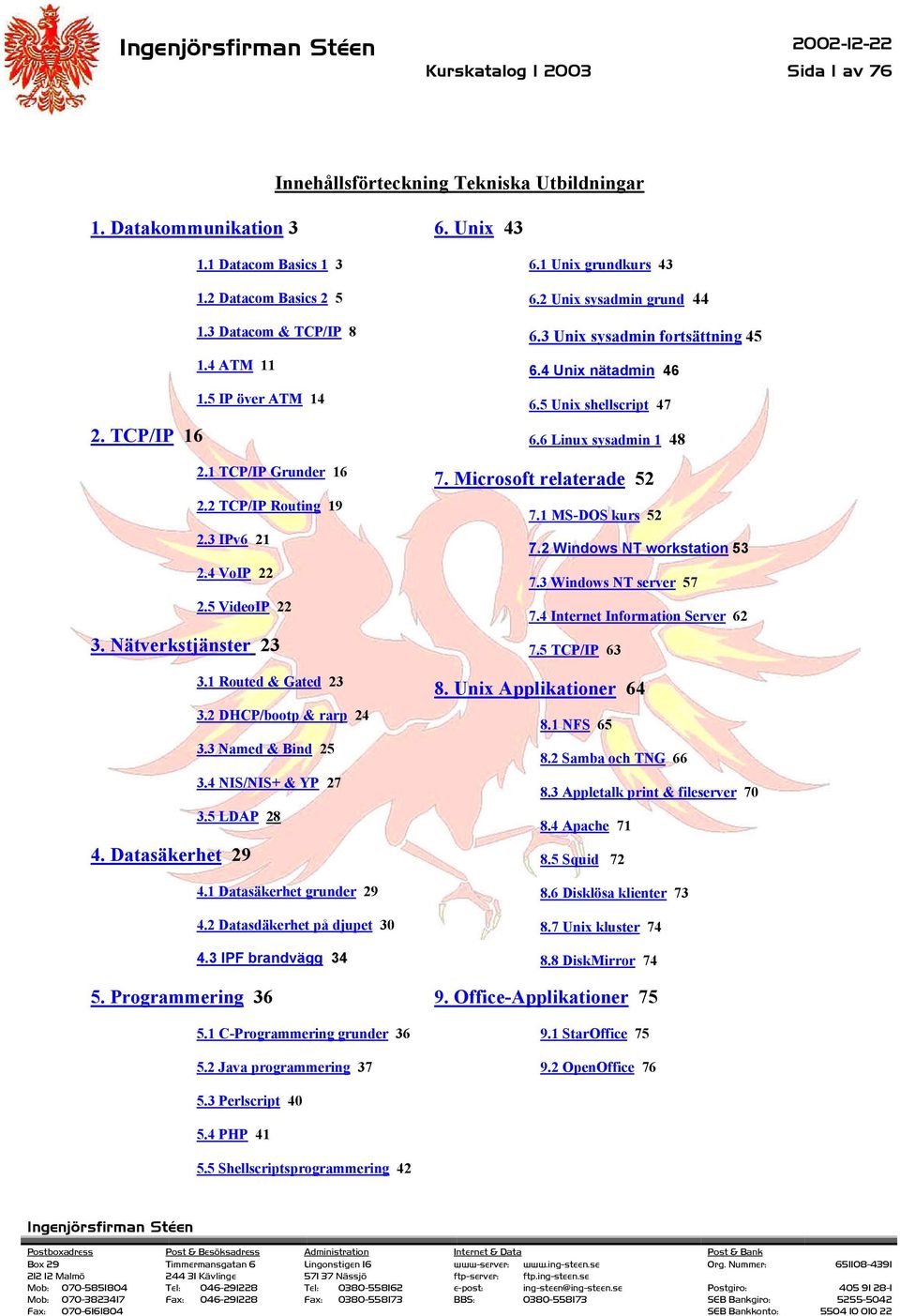 1 Routed & Gated 23 3.2 DHCP/bootp & rarp 24 3.3 Named & Bind 25 3.4 NIS/NIS+ & YP 27 3.5 LDAP 28 4.1 Datasäkerhet grunder 29 4.2 Datasdäkerhet på djupet 30 4.3 IPF brandvägg 34 5.