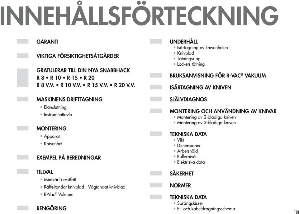 V. R 10 V.V. R 15 V.V. R 20 V.V. UNDERHÅLL Isärtagning av knivenheten Knivblad Tätningsring Lockets tätning BRUKSANVISNING FÖR R-VAC VAKUUM ISÄRTAGNING AV KNIVEN MASKINENS