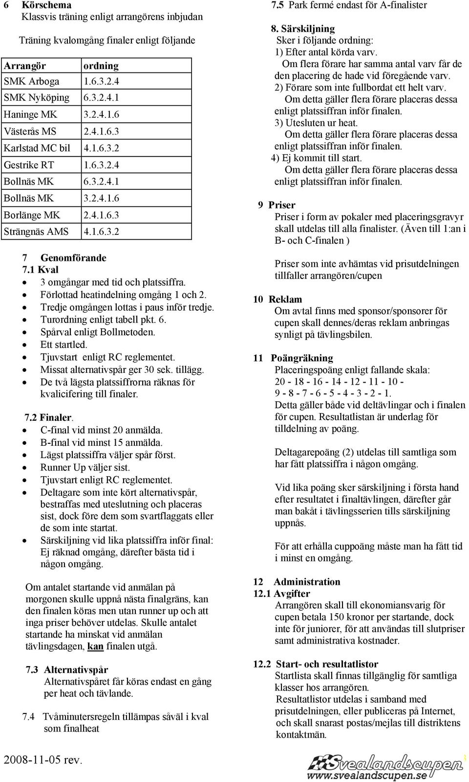 Förlottad heatindelning omgång 1 och 2. Tredje omgången lottas i paus inför tredje. Turordning enligt tabell pkt. 6. Spårval enligt Bollmetoden. Ett startled. Tjuvstart enligt RC reglementet.