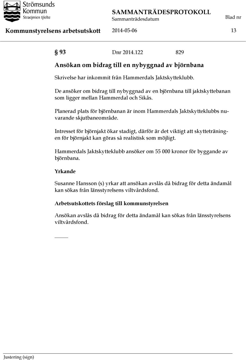 De ansöker om bidrag till nybyggnad av en björnbana till jaktskyttebanan som ligger mellan Hammerdal och Sikås.