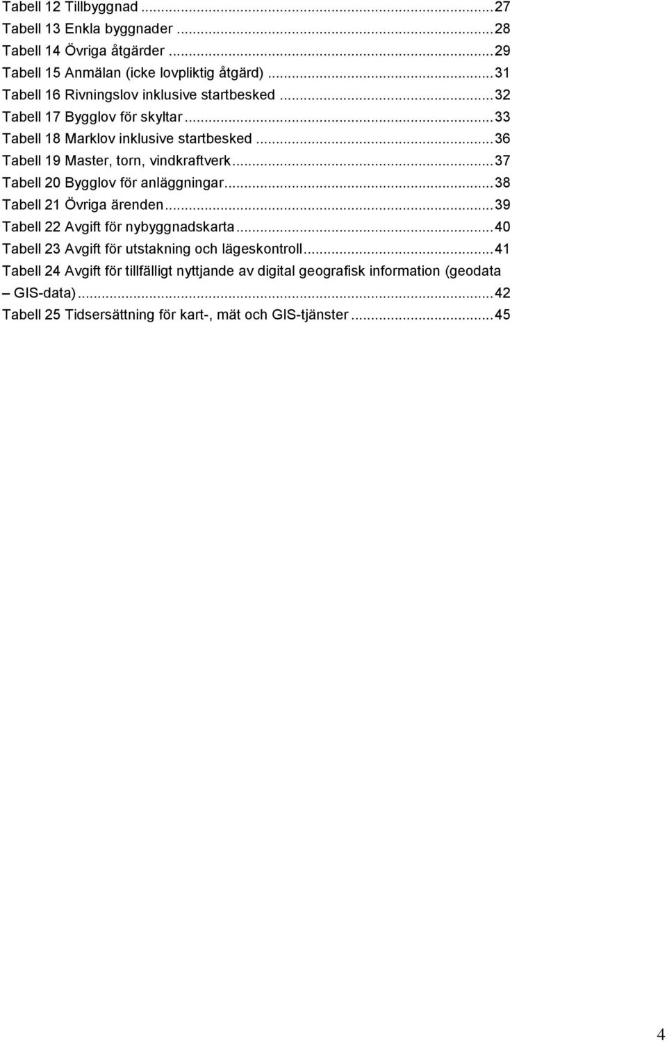 .. 36 Tabell 19 Master, torn, vindkraftverk... 37 Tabell 20 Bygglov för anläggningar... 38 Tabell 21 Övriga ärenden... 39 Tabell 22 Avgift för nybyggnadskarta.