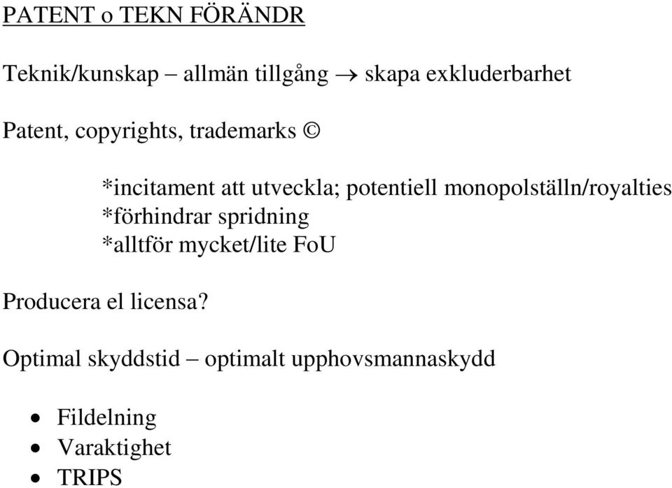 monopolställn/royalties *förhindrar spridning *alltför mycket/lite FoU