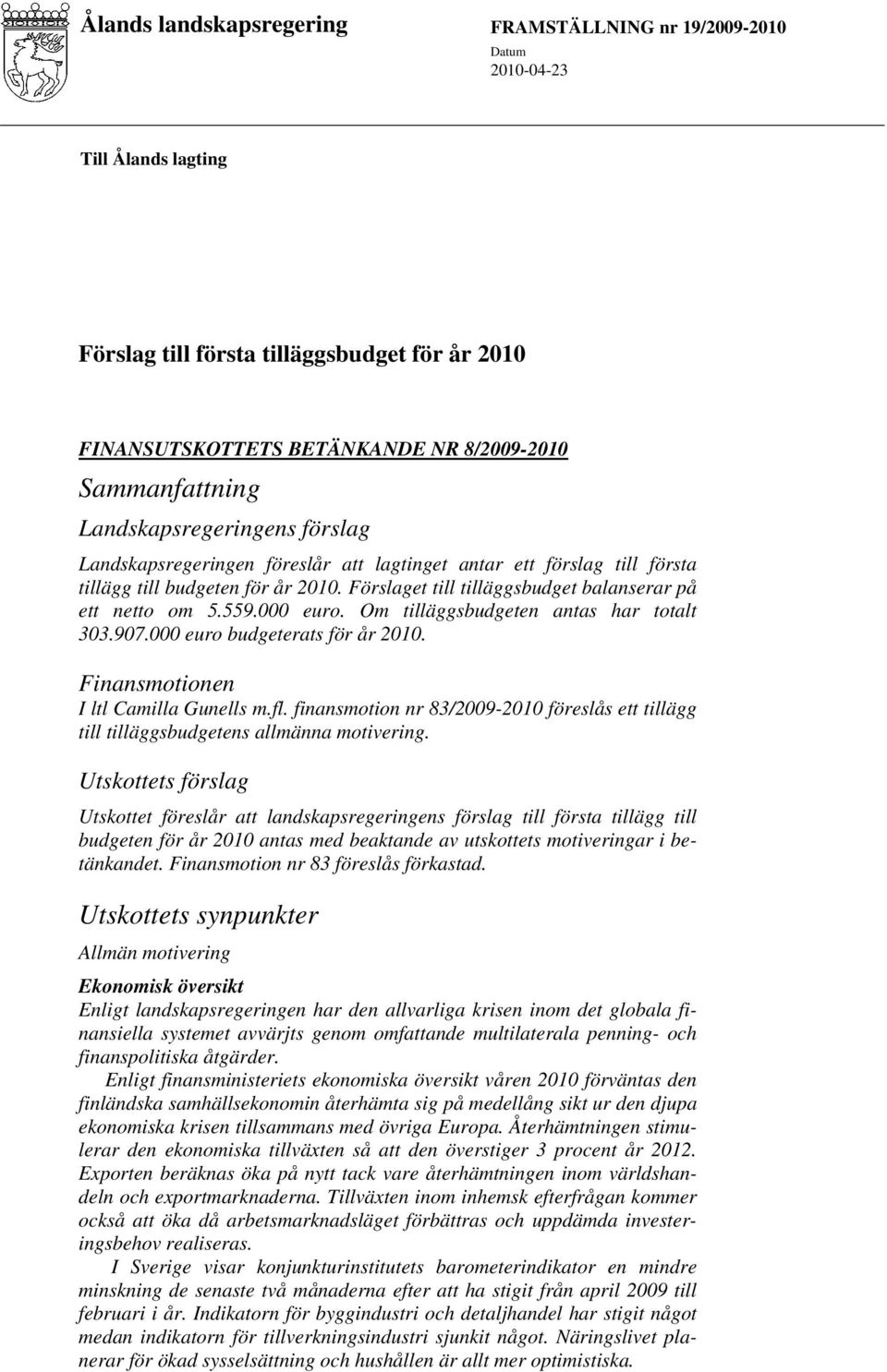 000 euro. Om tilläggsbudgeten antas har totalt 303.907.000 euro budgeterats för år 2010. Finansmotionen I ltl Camilla Gunells m.fl.