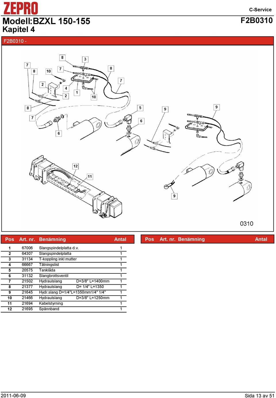 332 Slangbrottsventil 7 2502 Hydraulslang D=3/8" L=400mm 8 2377 Hydraulslang D= /4" L=350 9 2645