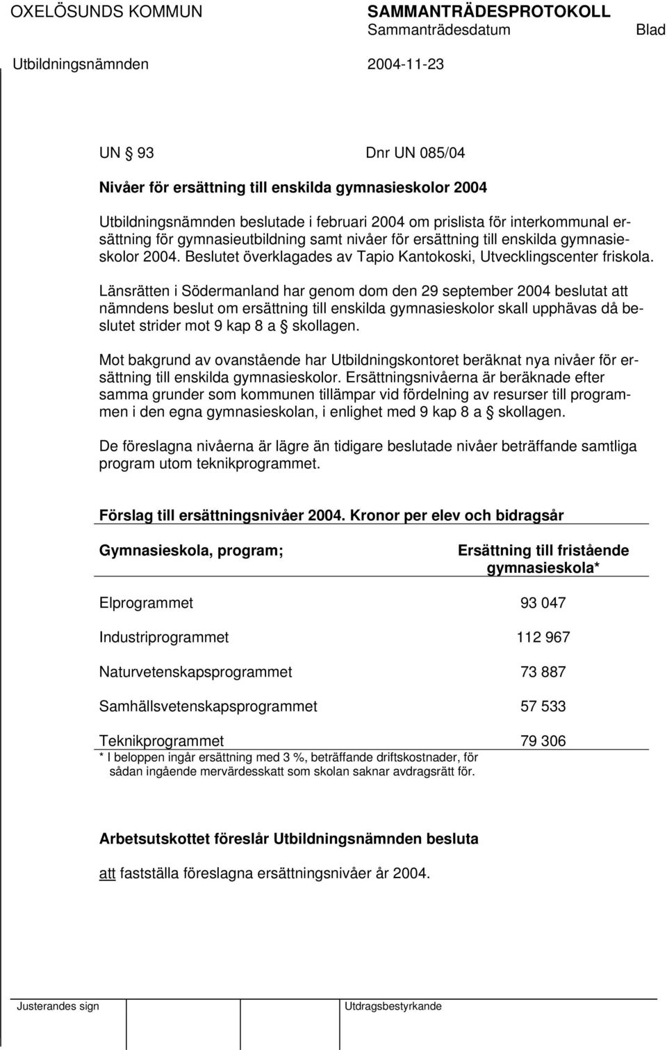 Länsrätten i Södermanland har genom dom den 29 september 2004 beslutat att nämndens beslut om ersättning till enskilda gymnasieskolor skall upphävas då beslutet strider mot 9 kap 8 a skollagen.