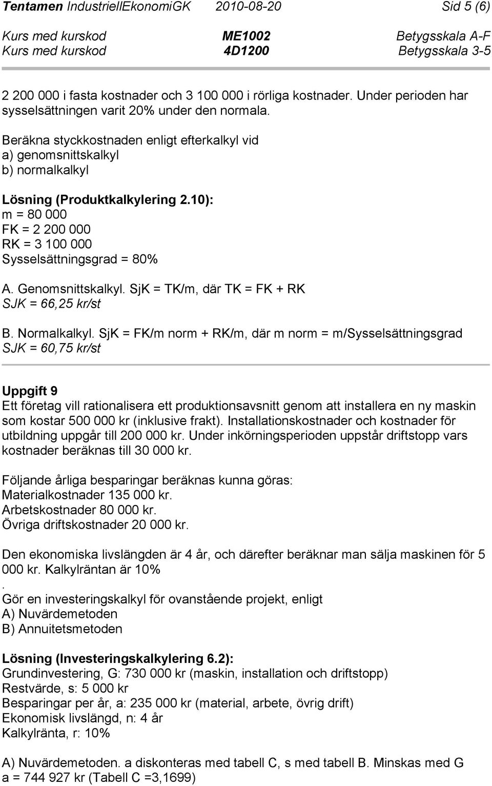 Genomsnittskalkyl. SjK = TK/m, där TK = FK + RK SJK = 66,25 kr/st B. Normalkalkyl.