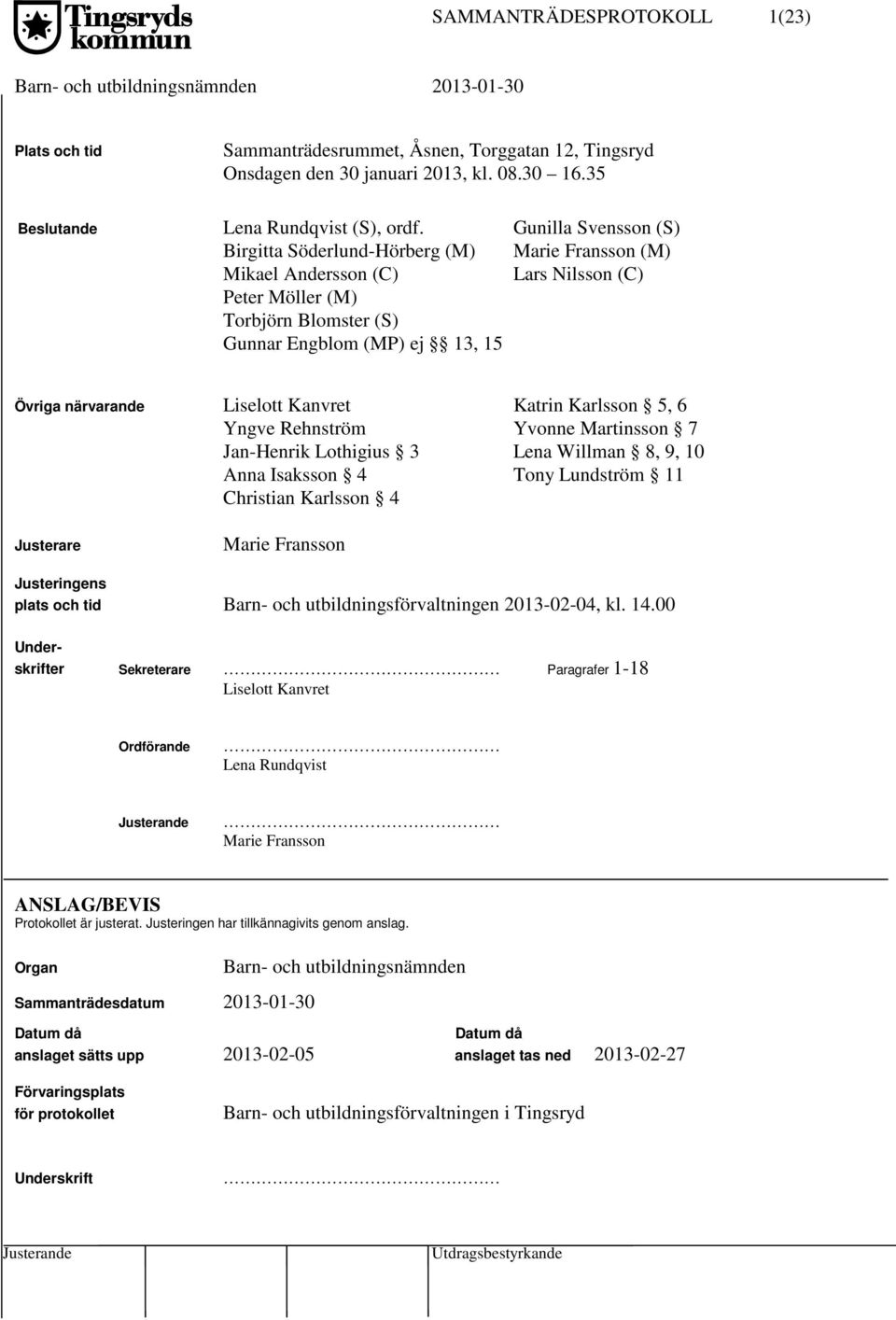 Liselott Kanvret Katrin Karlsson 5, 6 Yngve Rehnström Yvonne Martinsson 7 Jan-Henrik Lothigius 3 Lena Willman 8, 9, 10 Anna Isaksson 4 Tony Lundström 11 Christian Karlsson 4 Justerare Marie Fransson