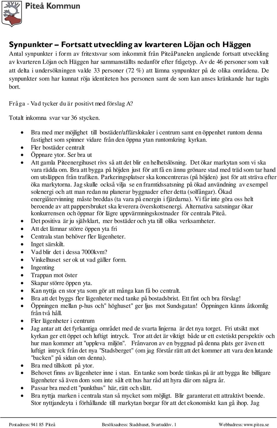 De synpunkter som har kunnat röja identiteten hos personen samt de som kan anses kränkande har tagits bort. Fråga - Vad tycker du är positivt med förslag A? Totalt inkomna svar var 36 stycken.