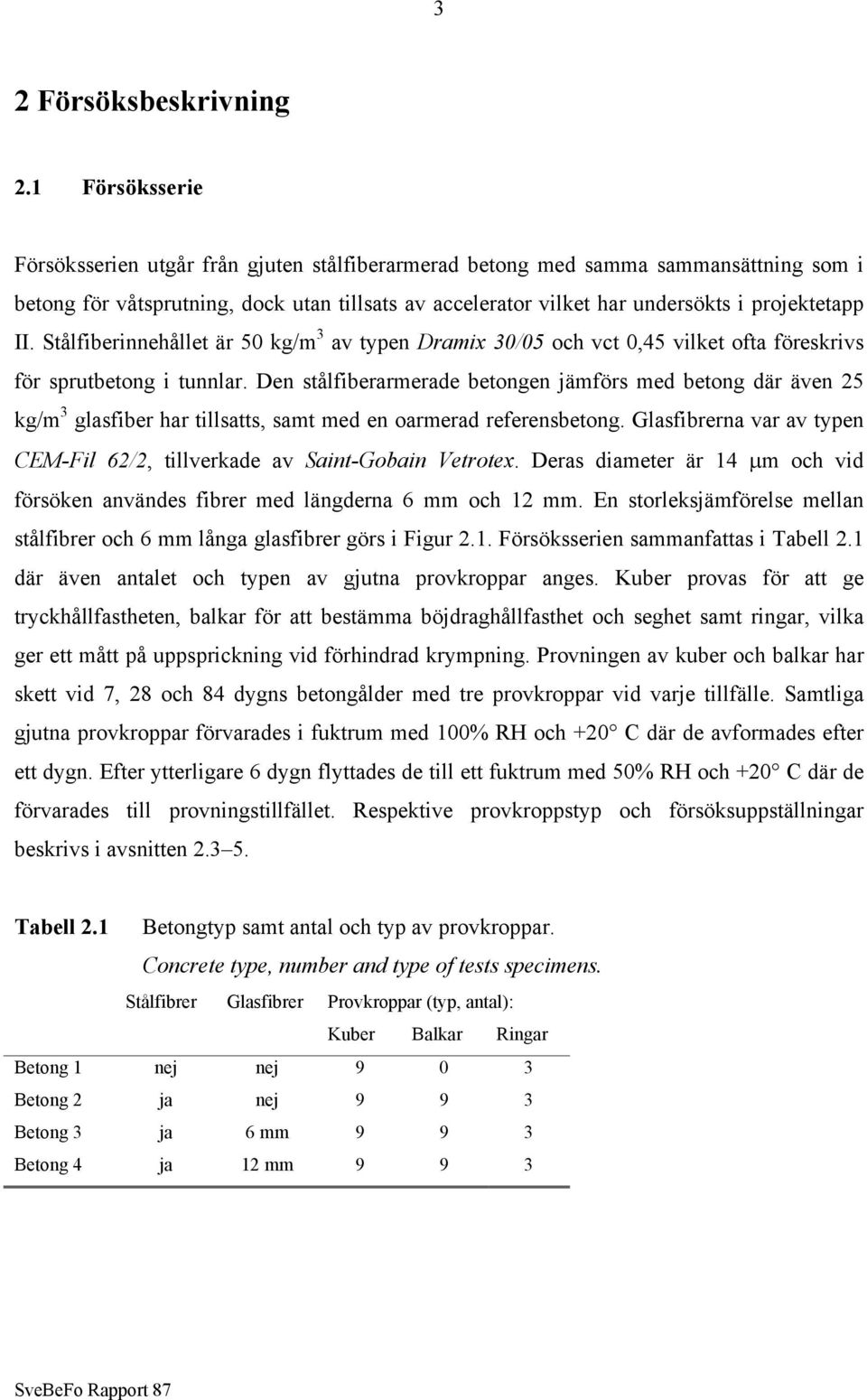 II. Stålfiberinnehållet är 50 kg/m 3 av typen Dramix 30/05 och vct 0,45 vilket ofta föreskrivs för sprutbetong i tunnlar.