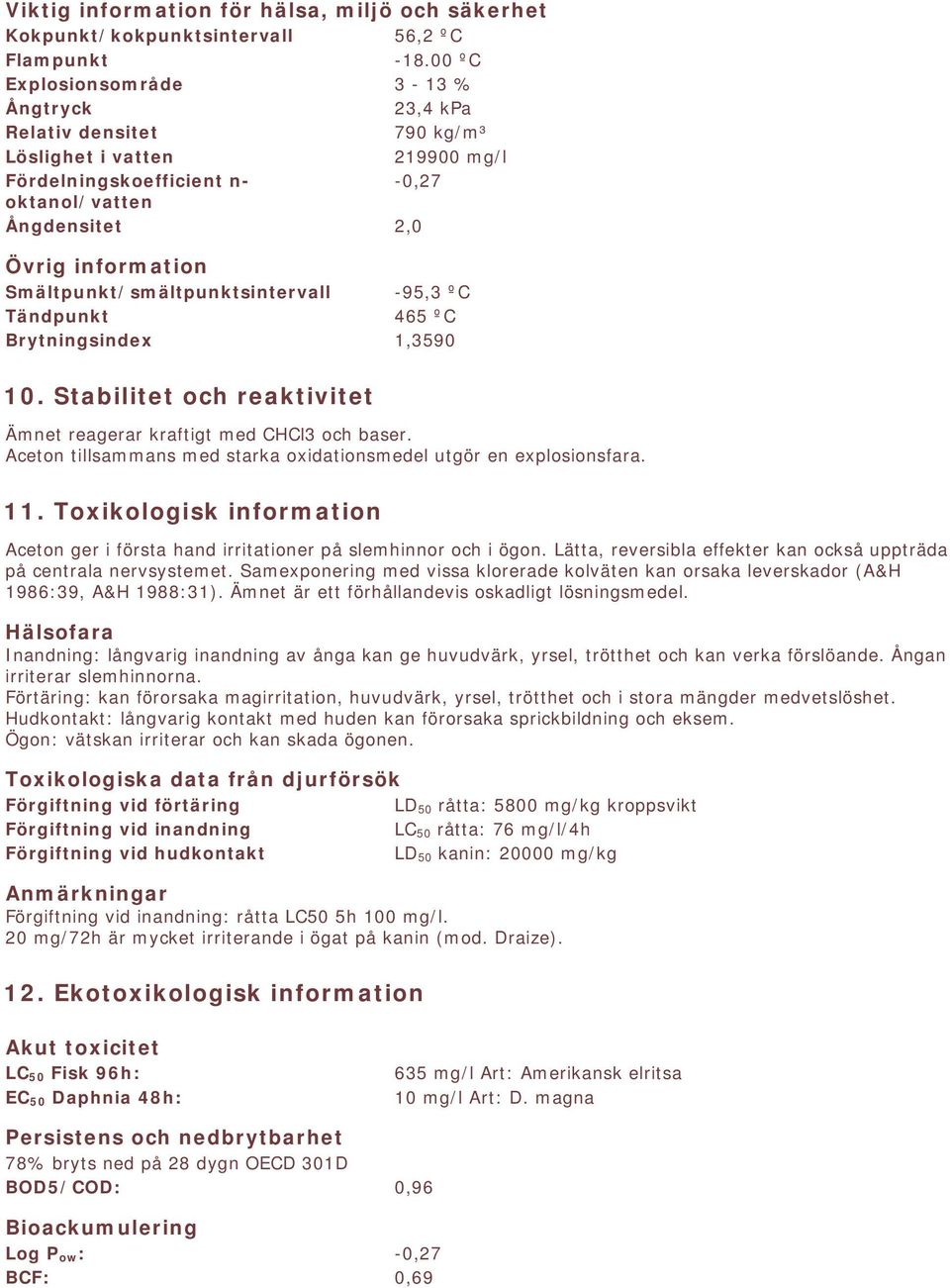 Smältpunkt/smältpunktsintervall -95,3 ºC Tändpunkt 465 ºC Brytningsindex 1,3590 10. Stabilitet och reaktivitet Ämnet reagerar kraftigt med CHCl3 och baser.