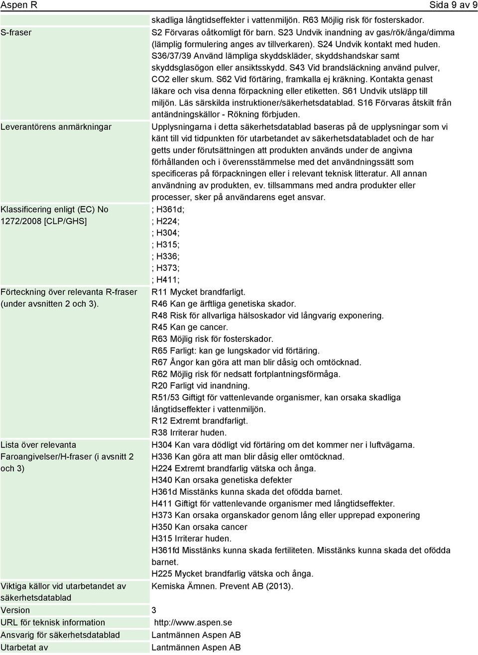 se Ansvarig för säkerhetsdatablad Lantmännen Aspen AB Utarbetat av Lantmännen Aspen AB skadliga långtidseffekter i vattenmiljön. R63 Möjlig risk för fosterskador. S2 Förvaras oåtkomligt för barn.