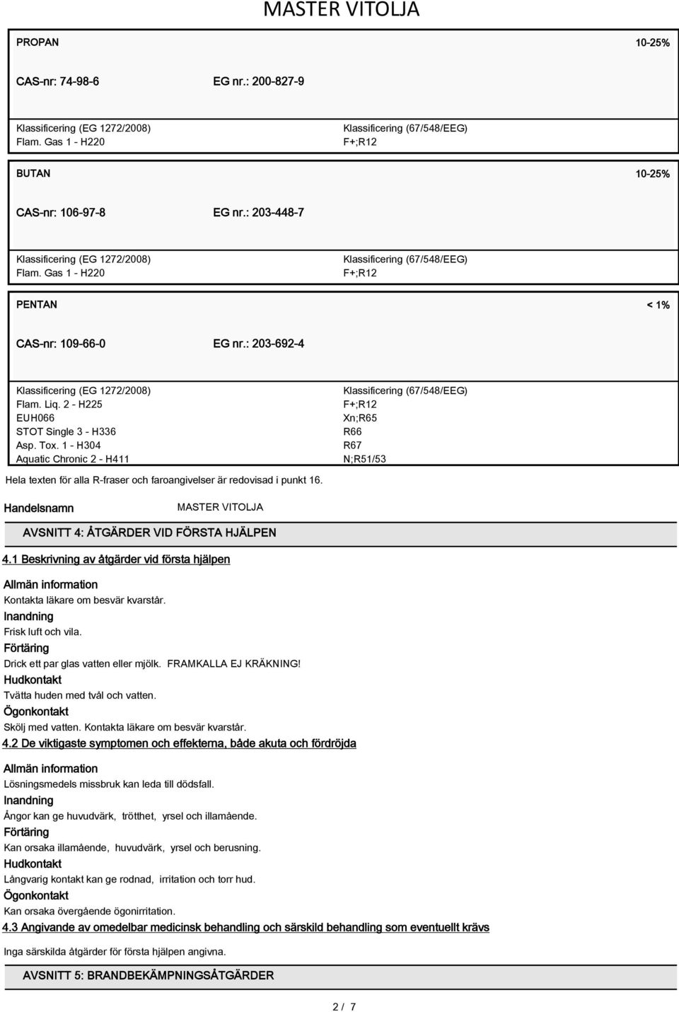 2 - H225 EUH066 STOT Single 3 - H336 Asp. Tox.