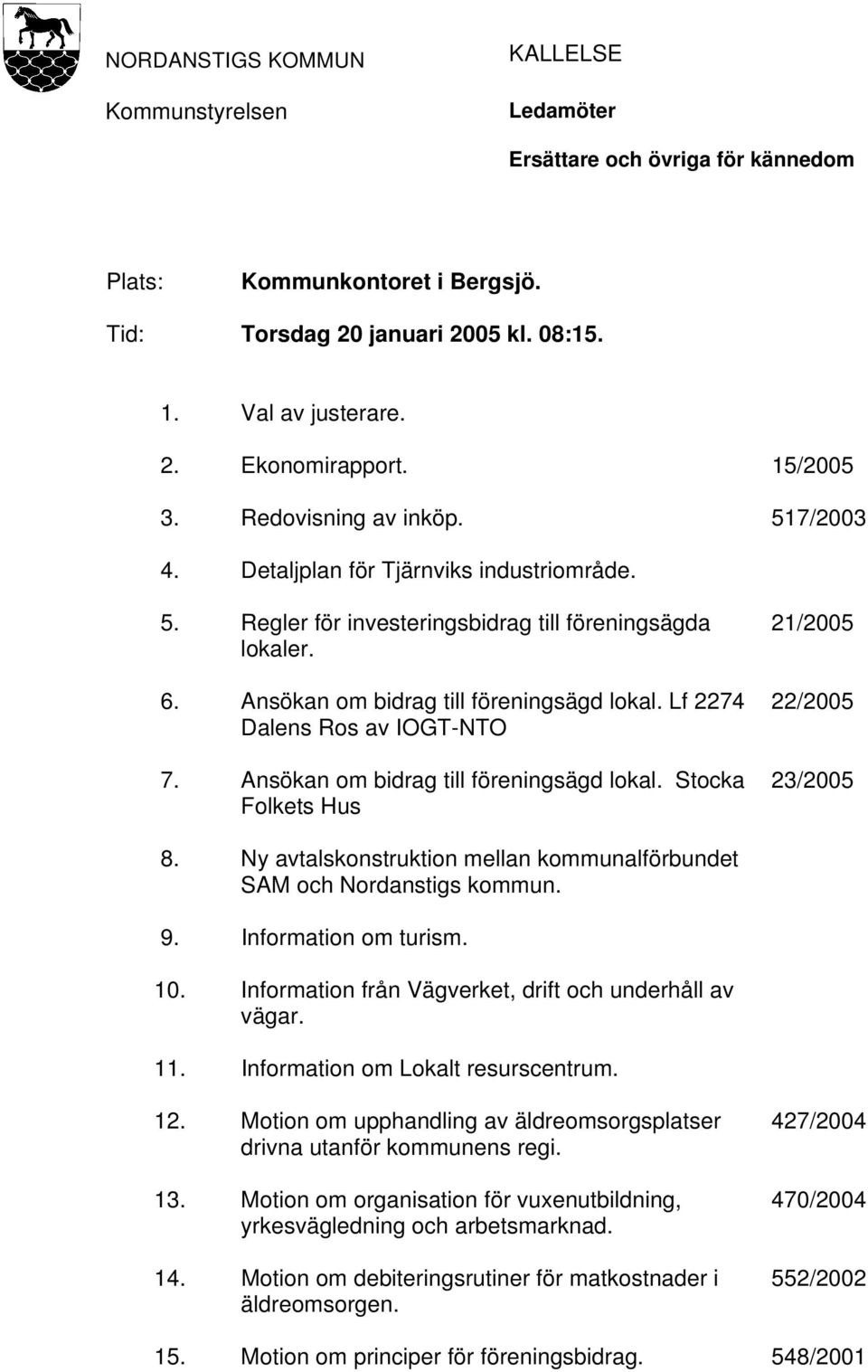 Lf 2274 Dalens Ros av IOGT-NTO 7. Ansökan om bidrag till föreningsägd lokal. Stocka Folkets Hus 21/2005 22/2005 23/2005 8. Ny avtalskonstruktion mellan kommunalförbundet SAM och Nordanstigs kommun. 9.