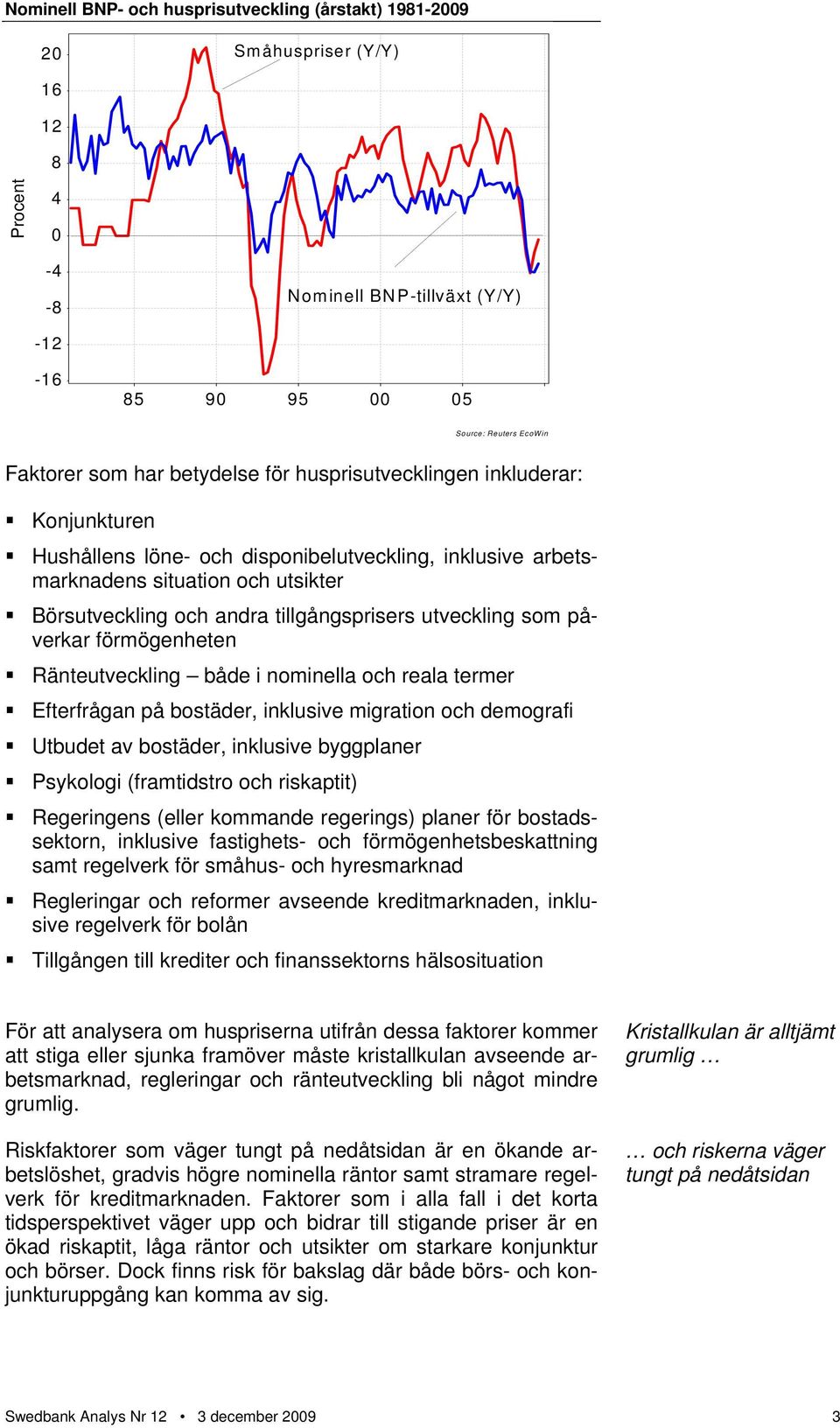 utveckling som påverkar förmögenheten Ränteutveckling både i nominella och reala termer Efterfrågan på bostäder, inklusive migration och demografi Utbudet av bostäder, inklusive byggplaner Psykologi