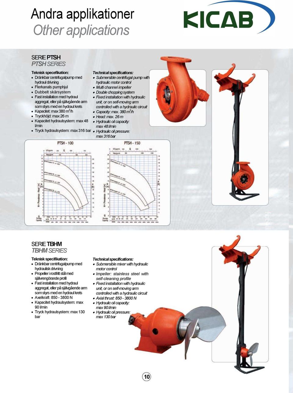 centrifugal pump with hydraulic motor control Multi channel impeller Double chopping system Fixed installation with hydraulic unit, or on self-moving arm controlled with a hydraulic circuit Capacity: