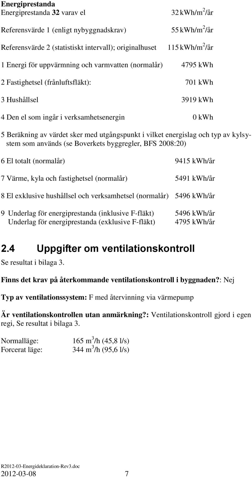 i vilket energislag och typ av kylsystem som används (se Boverkets byggregler, BFS 2008:20) 6 El totalt (normalår) 9415 kwh/år 7 Värme, kyla och fastighetsel (normalår) 5491 kwh/år 8 El exklusive