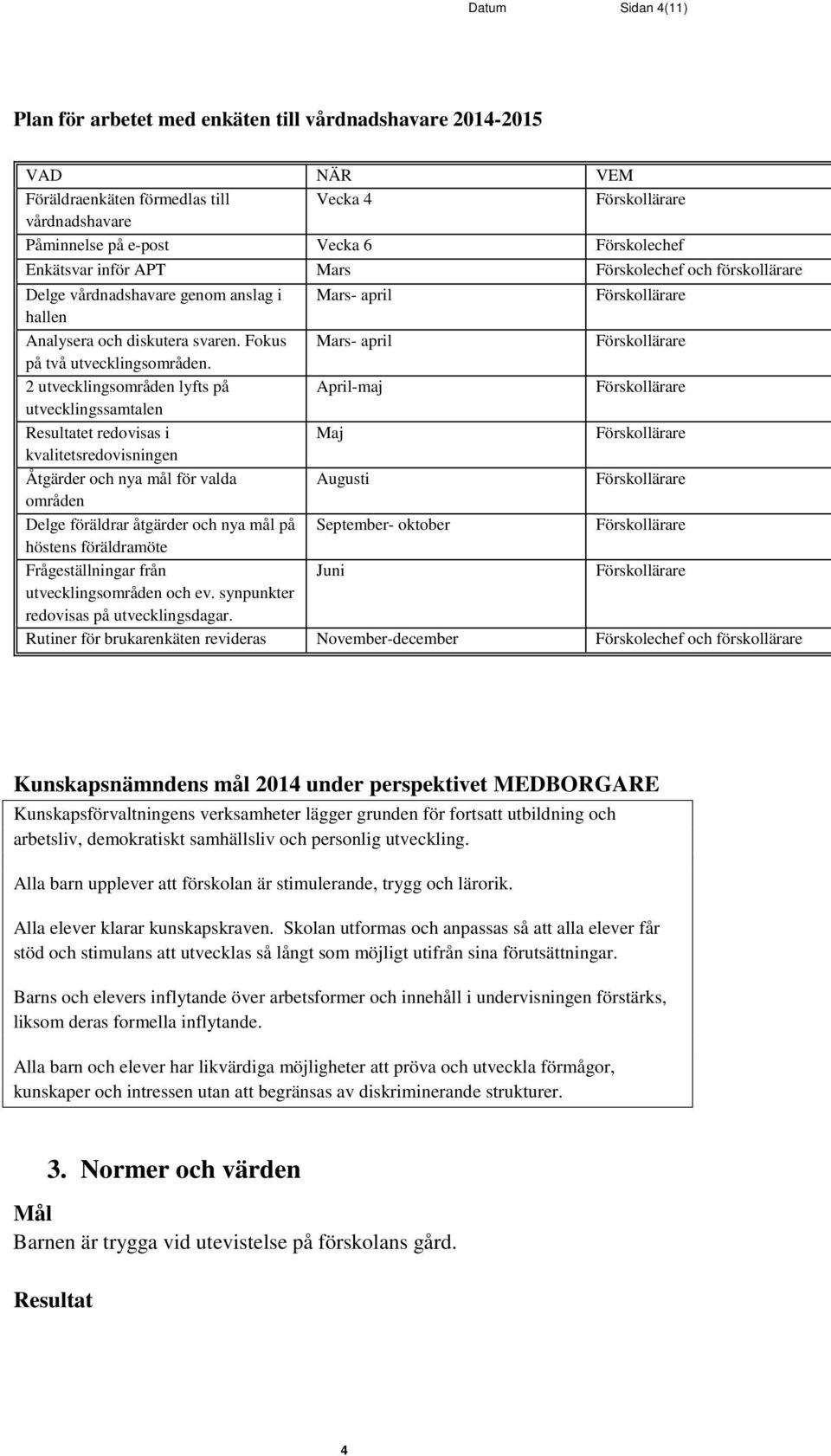 2 utvecklingsområden lyfts på April-maj utvecklingssamtalen et redovisas i Maj kvalitetsredovisningen Åtgärder och nya mål för valda Augusti områden Delge föräldrar åtgärder och nya mål på September-