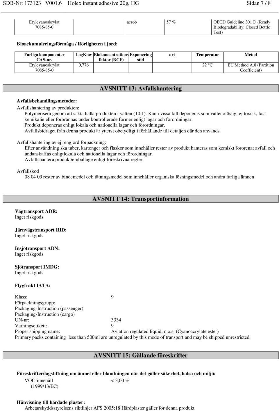 Exponering art Temperatur Metod faktor (BCF) stid 0,776 22 C EU Method A.