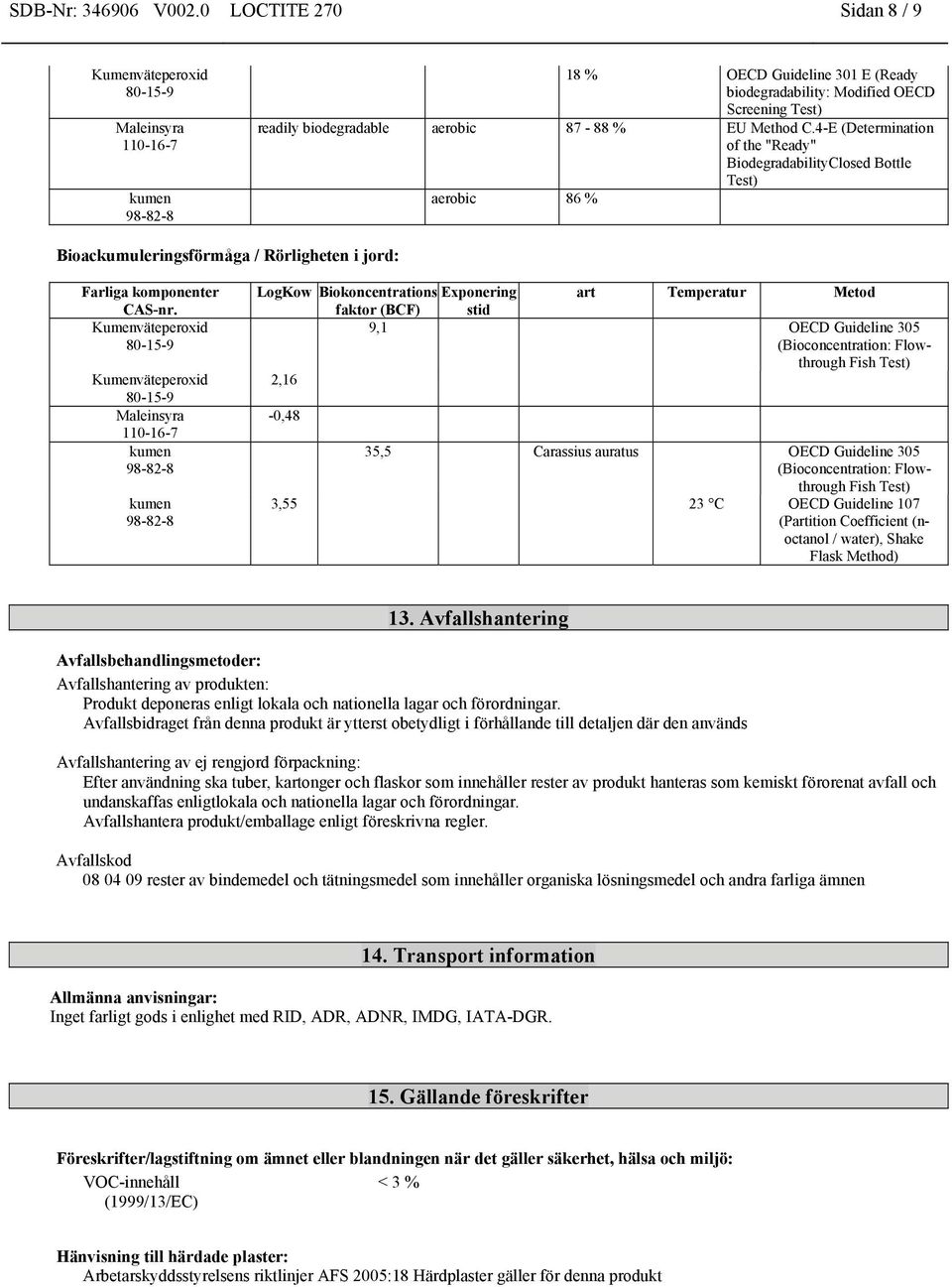 stid 9,1 OECD Guideline 305 (Bioconcentration: Flowthrough Fish Test) 2,16-0,48 35,5 Carassius auratus OECD Guideline 305 (Bioconcentration: Flowthrough Fish Test) 3,55 23 C OECD Guideline 107