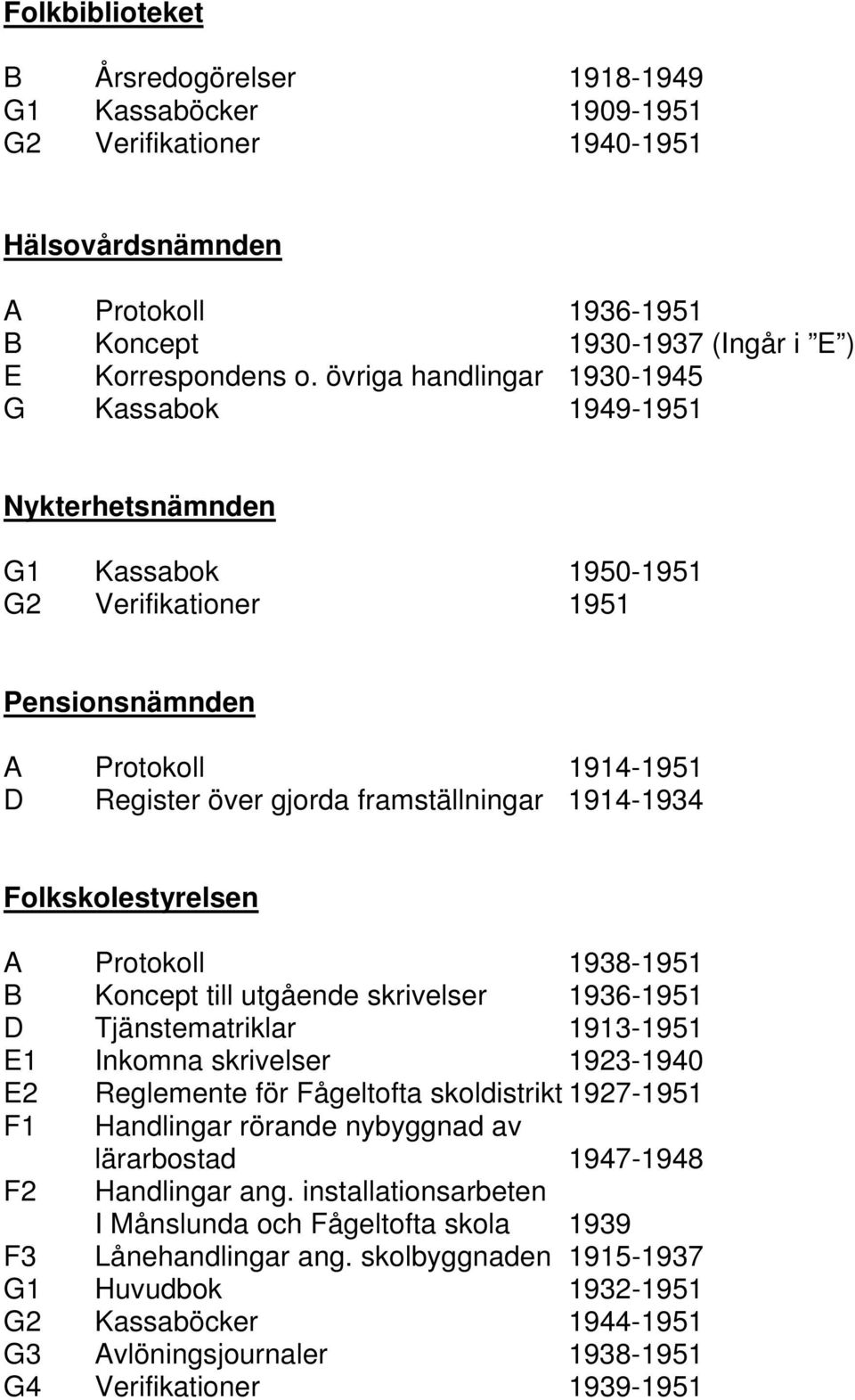 Folkskolestyrelsen A Protokoll 1938-1951 B Koncept till utgående skrivelser 1936-1951 D Tjänstematriklar 1913-1951 E1 Inkomna skrivelser 1923-1940 E2 Reglemente för Fågeltofta skoldistrikt 1927-1951