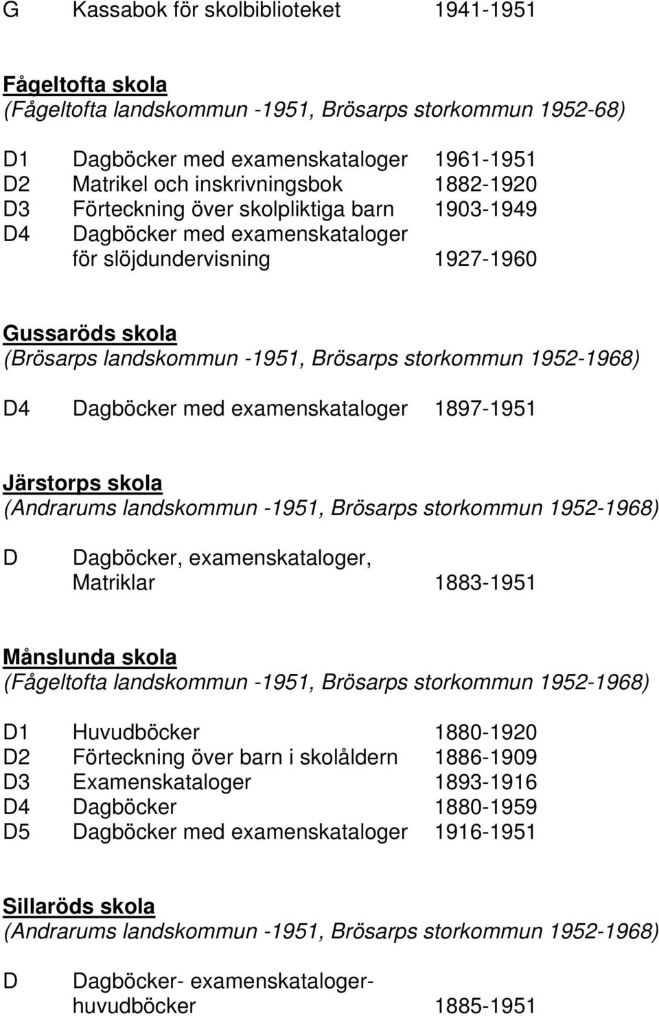 D4 Dagböcker med examenskataloger 1897-1951 Järstorps skola (Andrarums landskommun -1951, Brösarps storkommun 1952-1968) D Dagböcker, examenskataloger, Matriklar 1883-1951 Månslunda skola (Fågeltofta