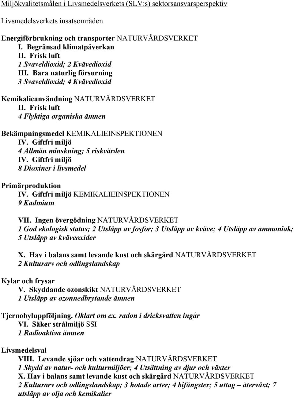 Frisk luft 4 Flyktiga organiska ämnen Bekämpningsmedel KEMIKALIEINSPEKTIONEN IV. Giftfri miljö 4 Allmän minskning; 5 riskvärden IV. Giftfri miljö 8 Dioxiner i livsmedel Primärproduktion 9 Kadmium VII.