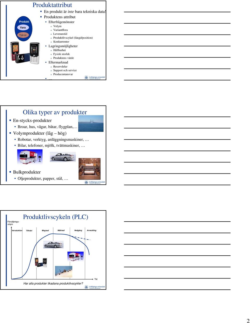 Produktens värde Eftermarknad o Reservdelar o Support och service o Producentansvar Olika typer av produkter En-stycks-produkter Broar, hus, vägar, båtar, flygplan,