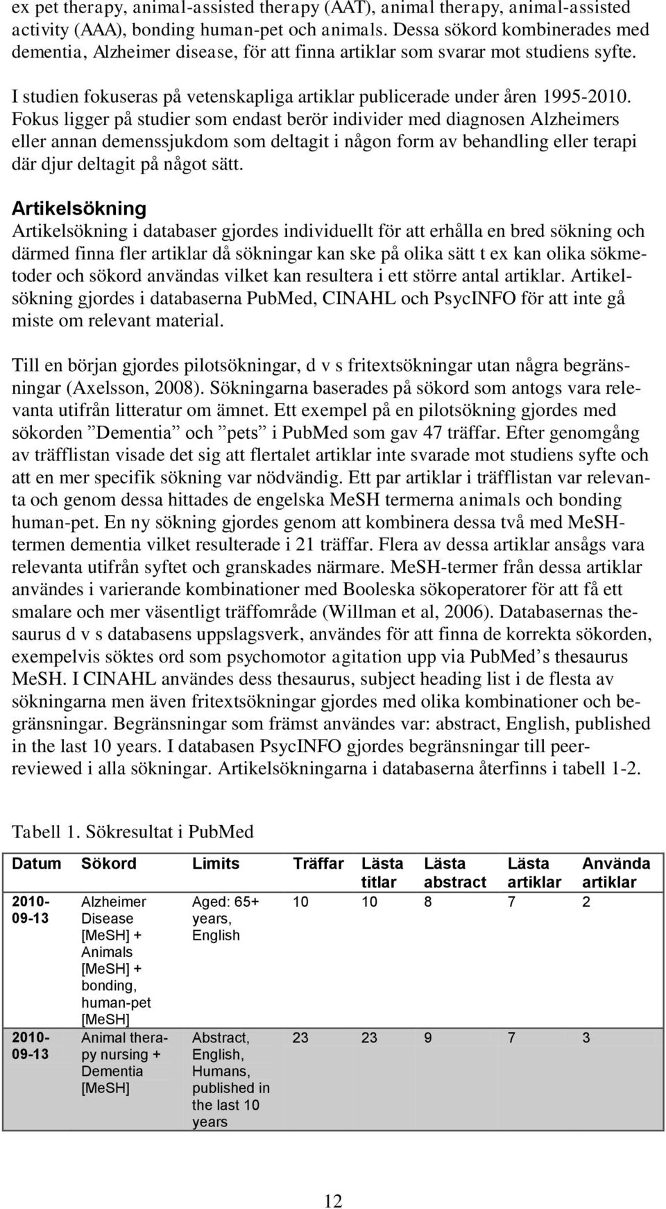 Fokus ligger på studier som endast berör individer med diagnosen Alzheimers eller annan demenssjukdom som deltagit i någon form av behandling eller terapi där djur deltagit på något sätt.