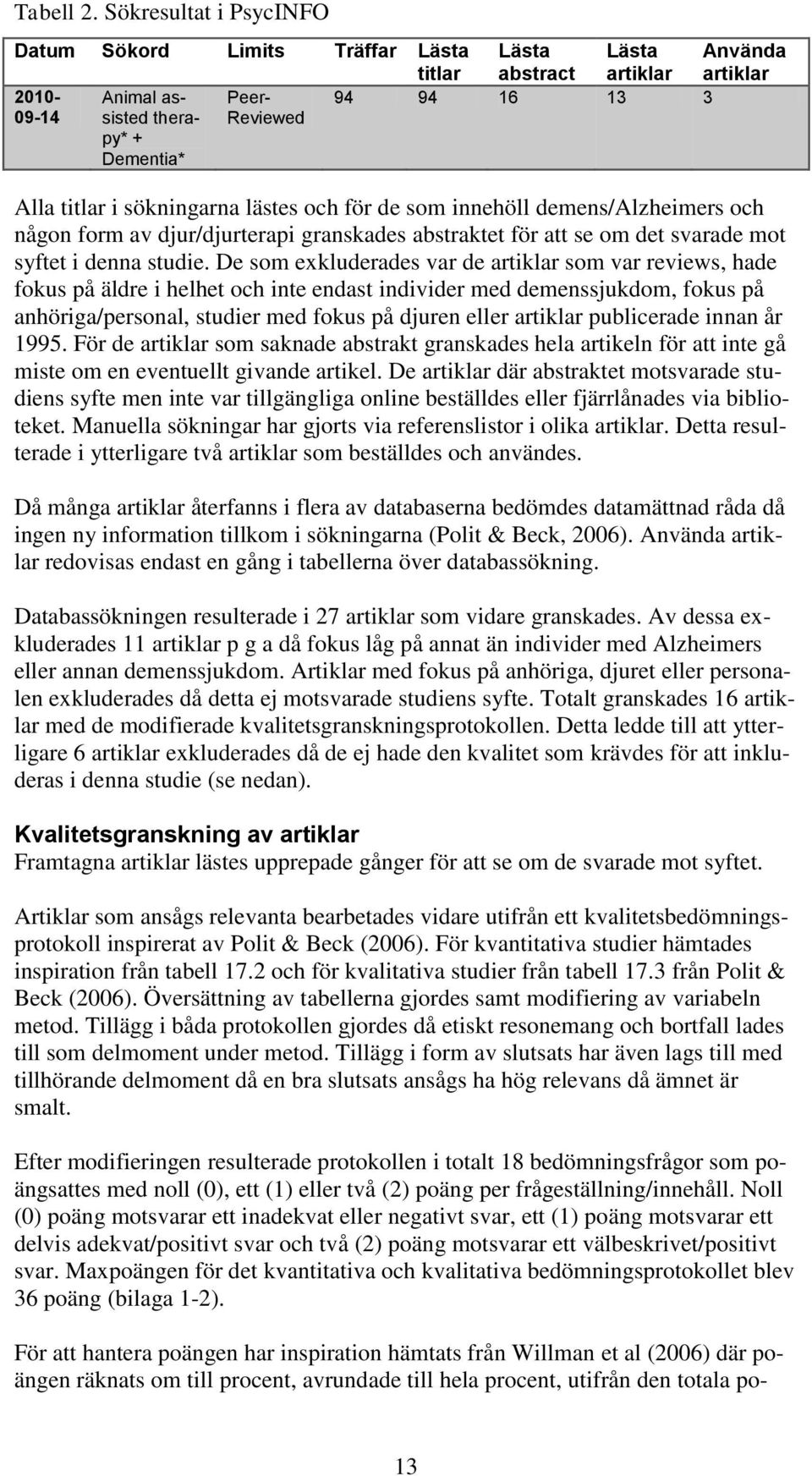 i sökningarna lästes och för de som innehöll demens/alzheimers och någon form av djur/djurterapi granskades abstraktet för att se om det svarade mot syftet i denna studie.