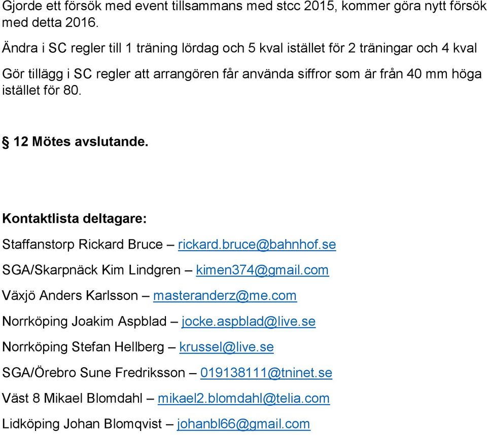 istället för 80. 12 Mötes avslutande. Kontaktlista deltagare: Staffanstorp Rickard Bruce rickard.bruce@bahnhof.se SGA/Skarpnäck Kim Lindgren kimen374@gmail.