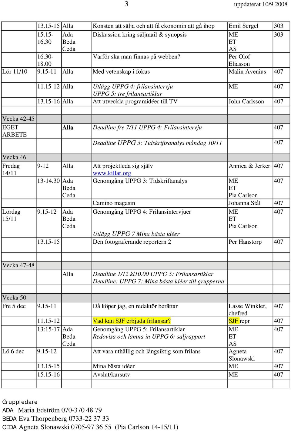 15-16 Alla Att utveckla programidéer till TV John Carlsson Vecka 42-45 EG ARBE Vecka 46 Fredag 14/11 Lördag 15/11 Alla Deadline fre 7/11 UPPG 4: Frilansintervju Deadline UPPG 3: Tidskriftsanalys