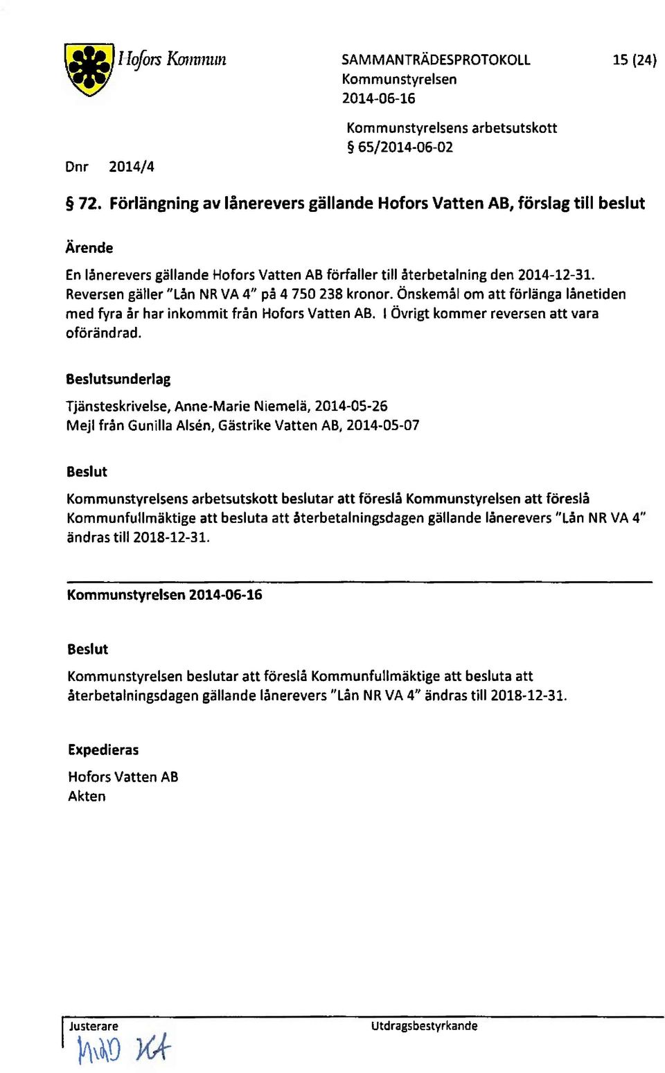 önskemålom att förlängaiånetiden med fyra år har inkommitfrån HoforsVatten AB. l Övrigtkommerreversenatt vara oförändrad.