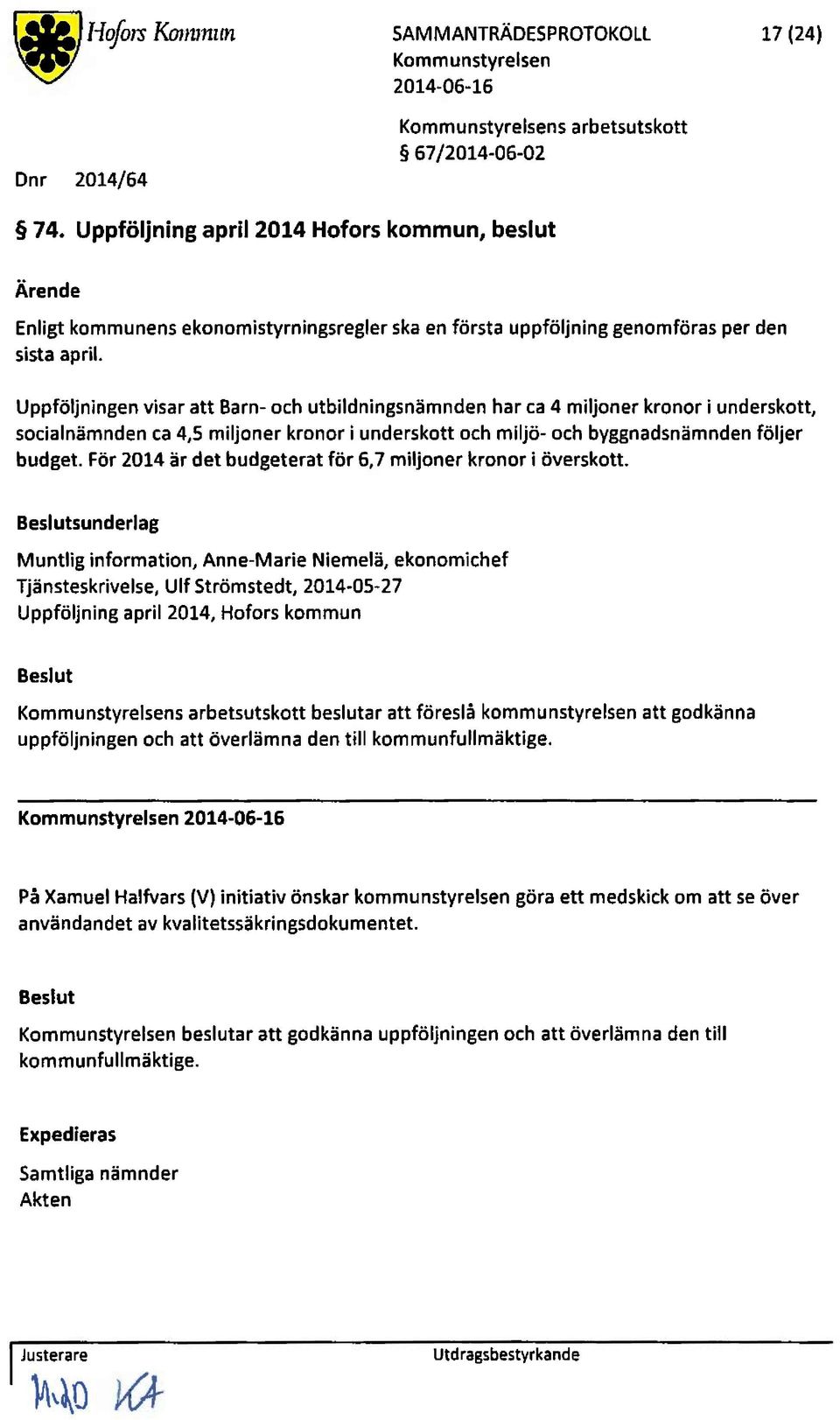 Uppföljningenvisaratt Barn-ochutbildningsnämndenhar ca 4 miljonerkronori underskott, socialnämndenca 4,5 miljonerkronori underskottochmiljö- ochbyggnadsnämndenföljer budget.