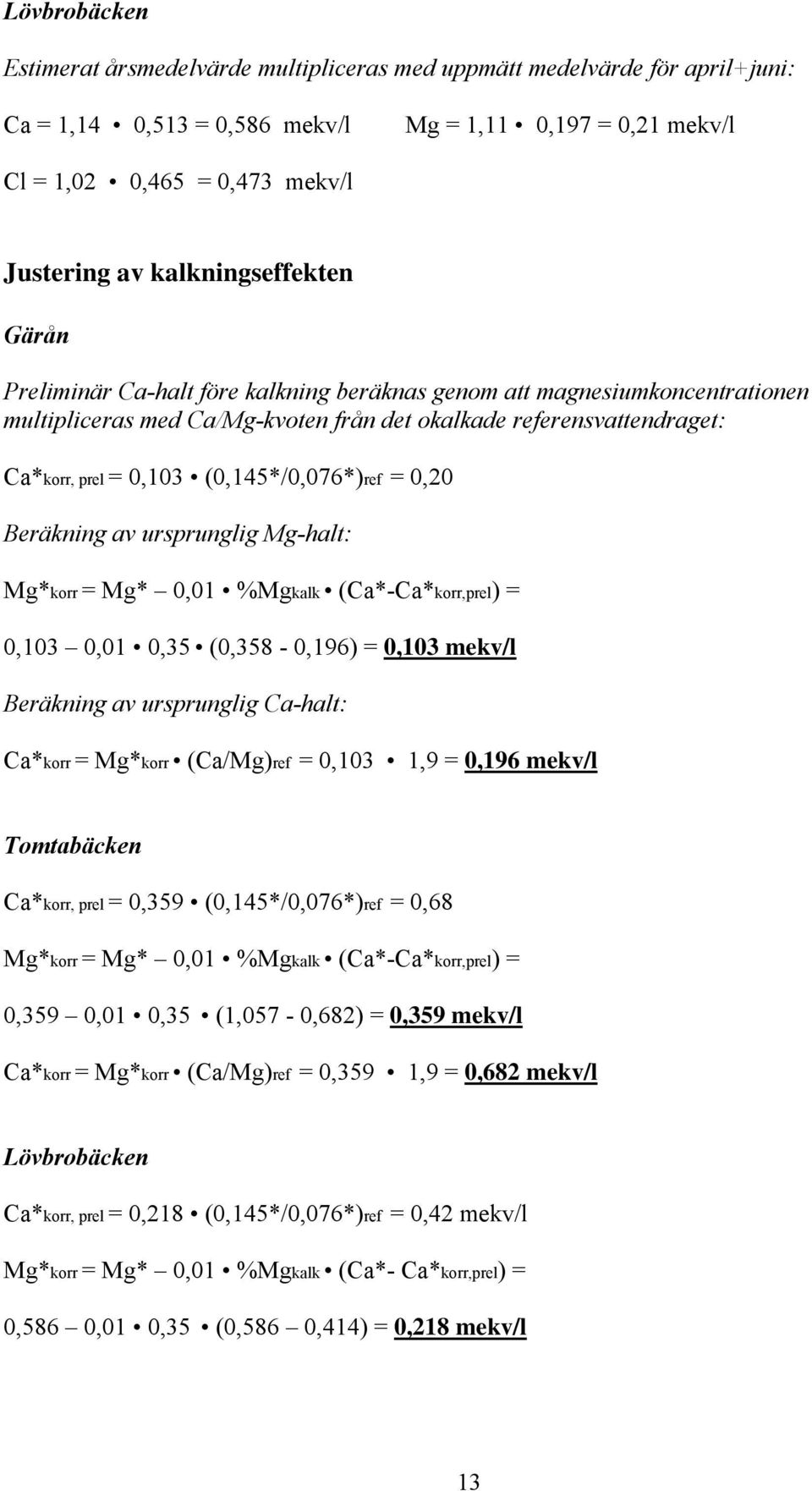 (0,145*/0,076*)ref = 0,20 Beräkning av ursprunglig Mg-halt: Mg*korr = Mg* 0,01 %Mgkalk (Ca*-Ca*korr,prel) = 0,103 0,01 0,35 (0,358-0,196) = 0,103 mekv/l Beräkning av ursprunglig Ca-halt: Ca*korr =