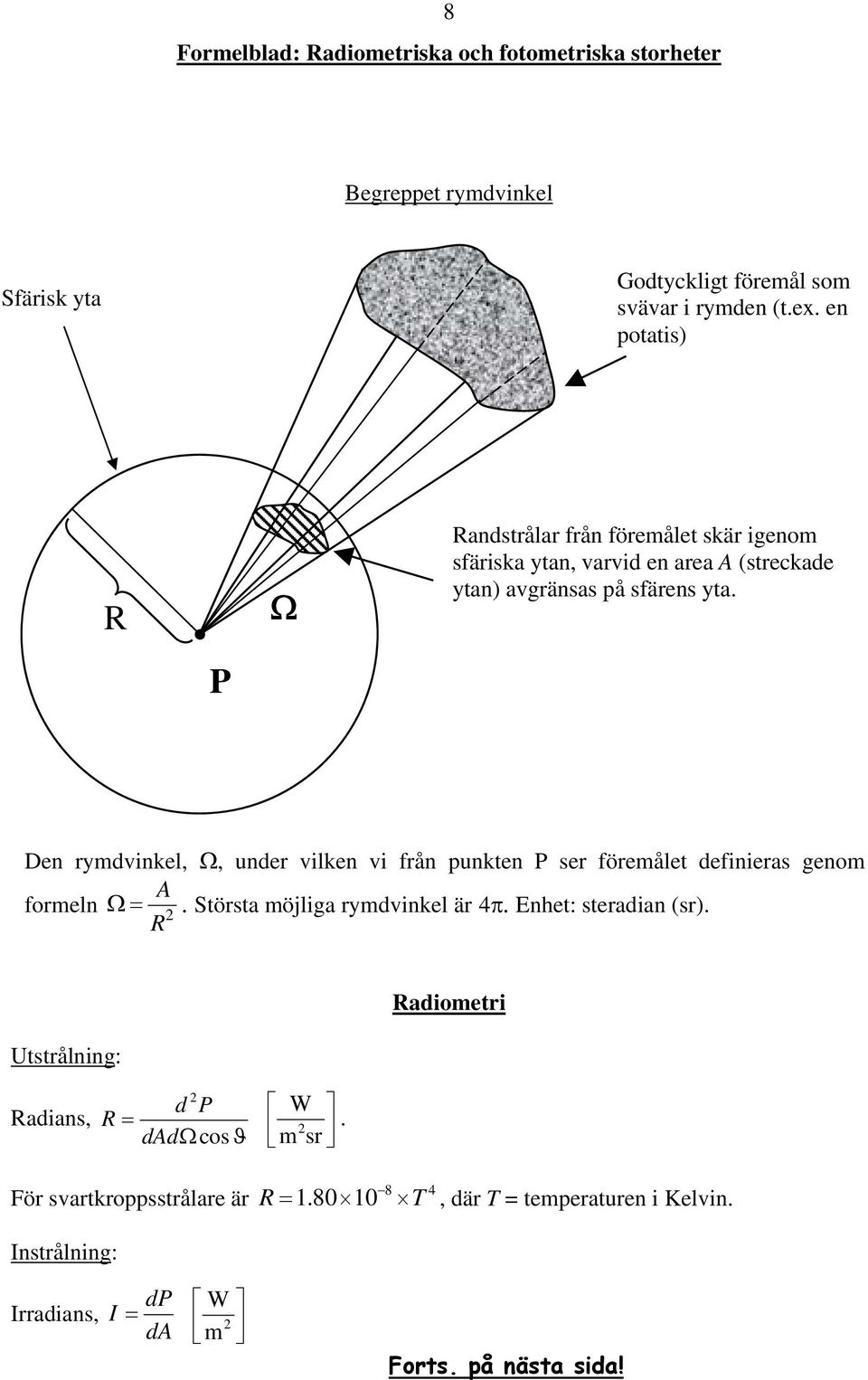 P Den rymdvinkel,, under vilken vi från punkten P ser föremålet definieras genom A formeln. Största möjliga rymdvinkel är 4. Enhet: steradian (sr).