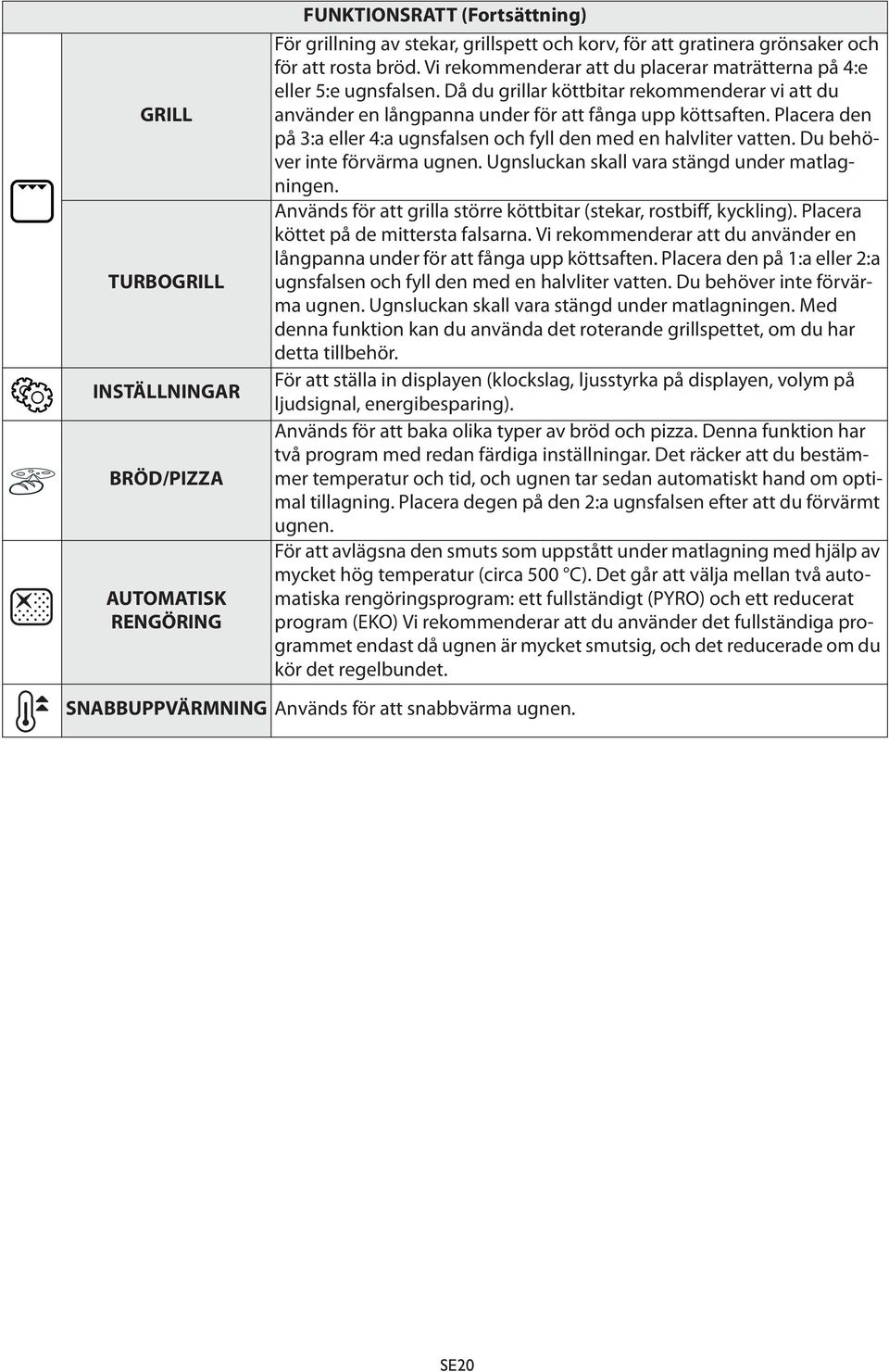 Placera den på 3:a eller 4:a ugnsfalsen och fyll den med en halvliter vatten. Du behöver inte förvärma ugnen. Ugnsluckan skall vara stängd under matlagningen.