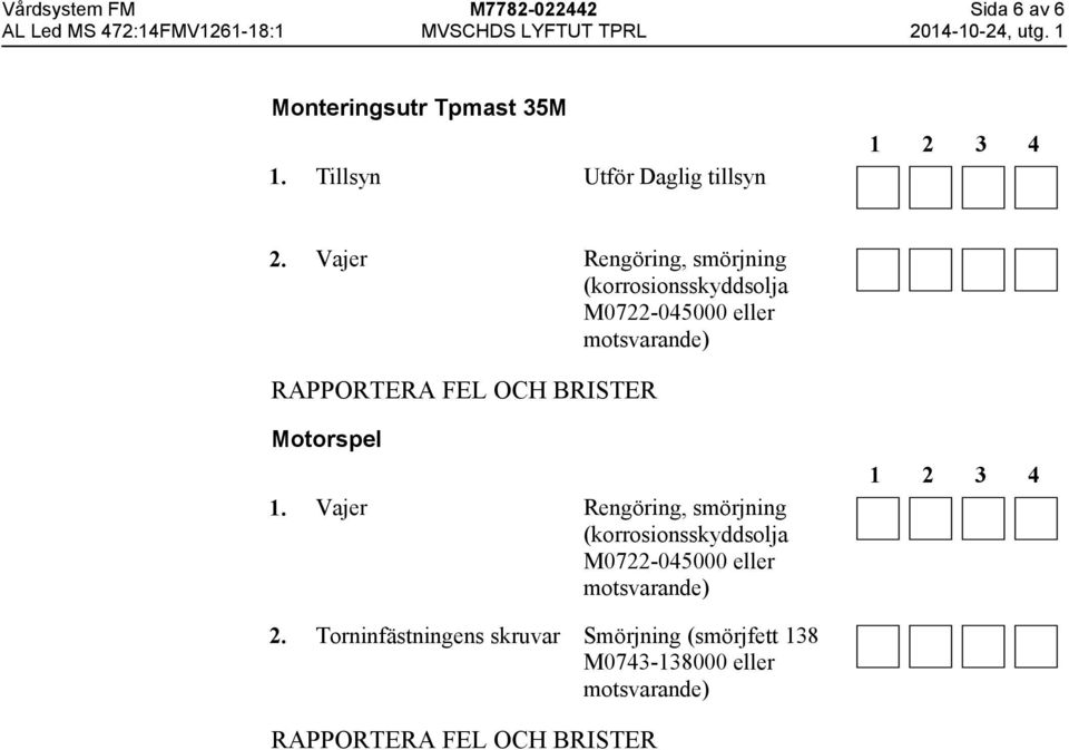 Vajer Rengöring, smörjning 1.