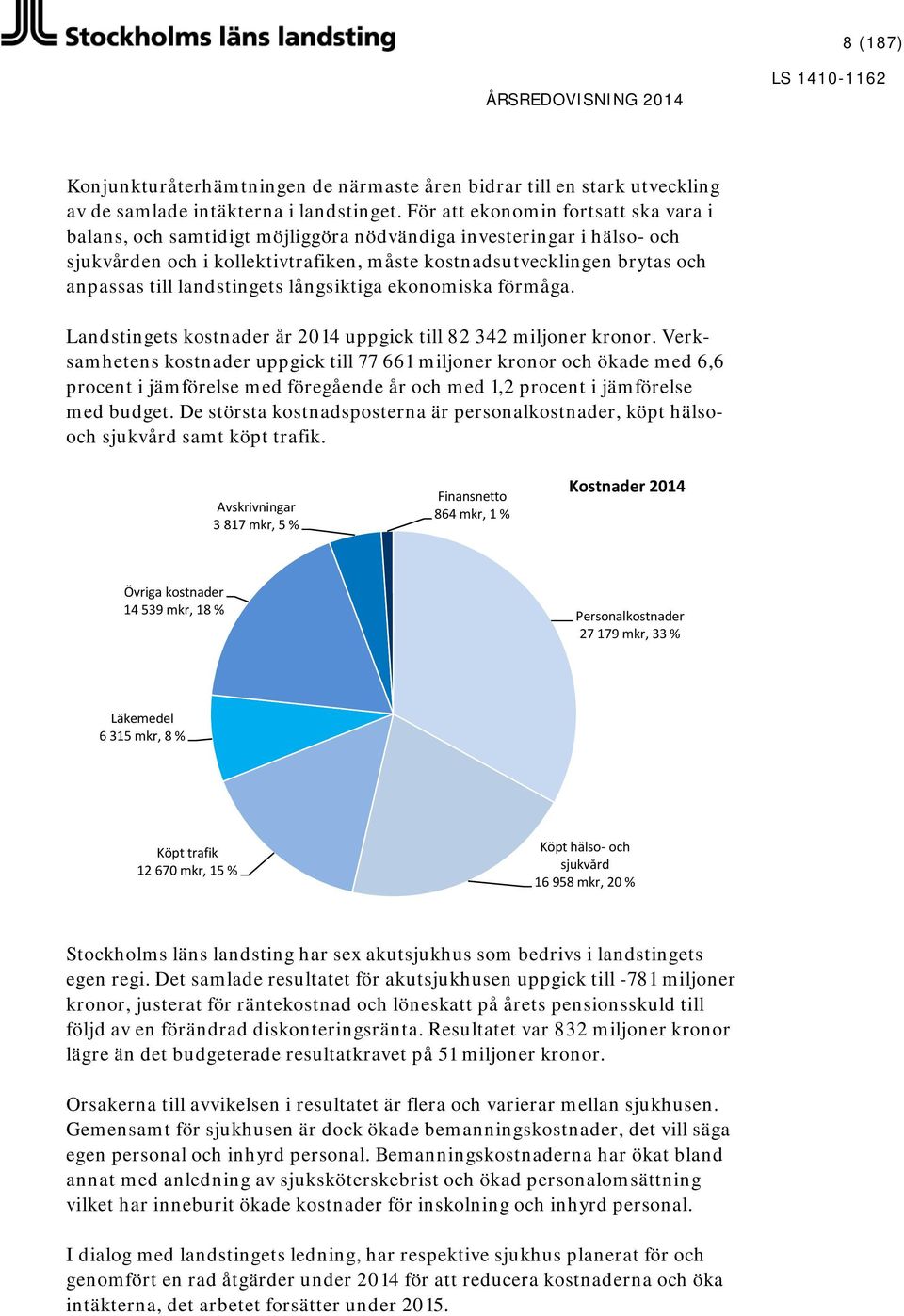 landstingets långsiktiga ekonomiska förmåga. Landstingets kostnader år 2014 uppgick till 82 342 miljoner kronor.