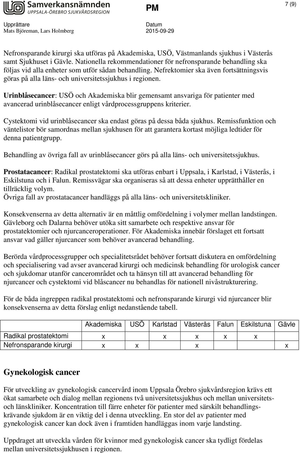 Nefrektomier ska även fortsättningsvis göras på alla läns- och universitetssjukhus i regionen.