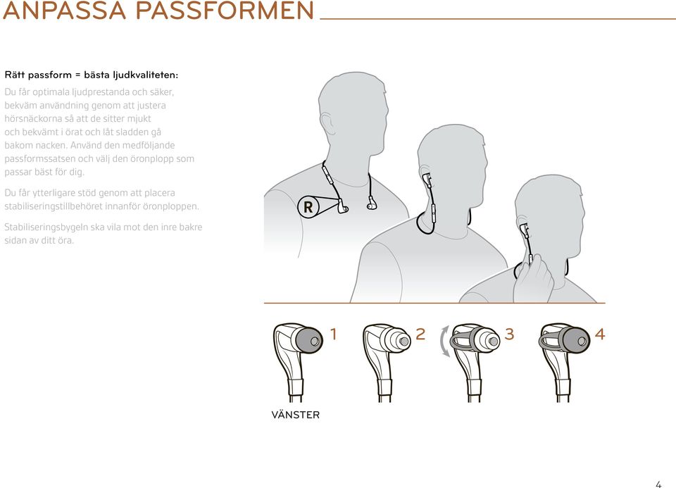 Använd den medföljande passformssatsen och välj den öronplopp som passar bäst för dig.