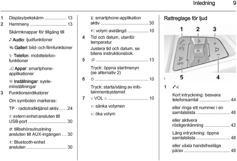 3 Funktionsindikatorer Om symbolen markeras: TP - radiotrafiktjänst aktiv... 24 M: extern enhet ansluten till USB-port... 30 G: tillbehörsutrustning ansluten till AUX-ingången.