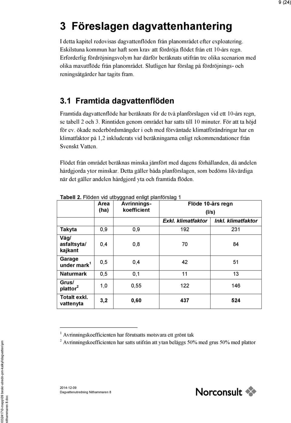 1 Framtida dagvattenflöden Framtida dagvattenflöde har beräknats för de två planförslagen vid ett 10-års regn, se tabell 2 och 3. Rinntiden genom området har satts till 10 minuter.