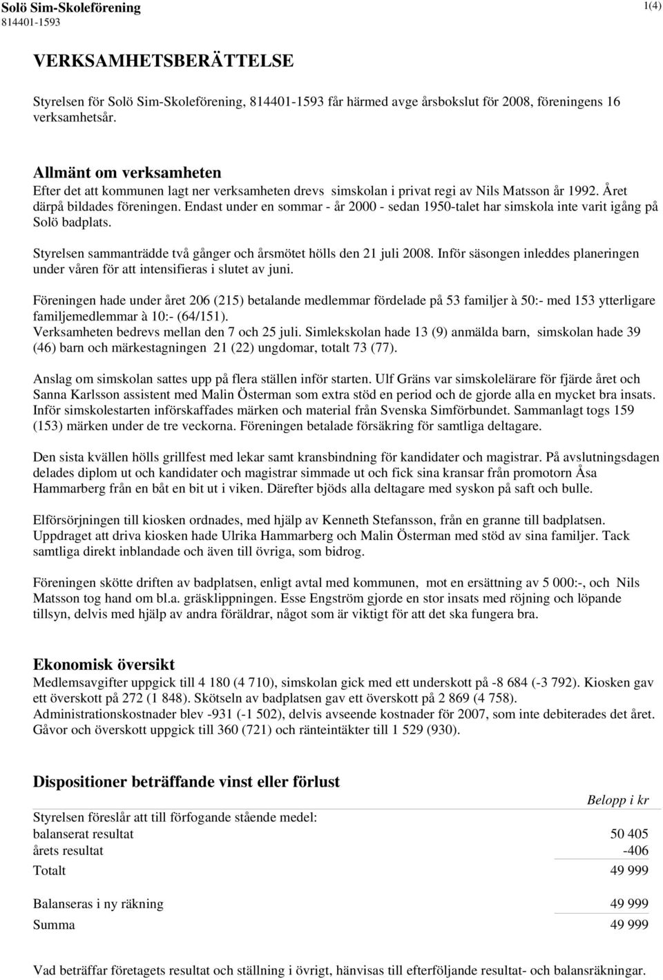 Endast under en sommar - år 2000 - sedan 1950-talet har simskola inte varit igång på Solö badplats. Styrelsen sammanträdde två gånger och årsmötet hölls den 21 juli 2008.