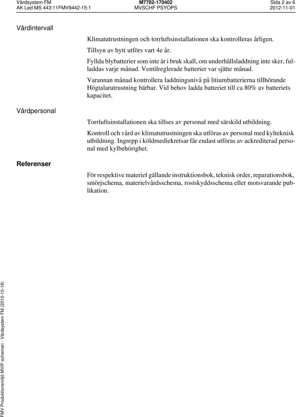 Varannan månad kontrollera laddningsnivå på litiumbatterierna tillhörande Högtalarutrustning bärbar. Vid behov ladda batteriet till ca 80% av batteriets kapacitet.