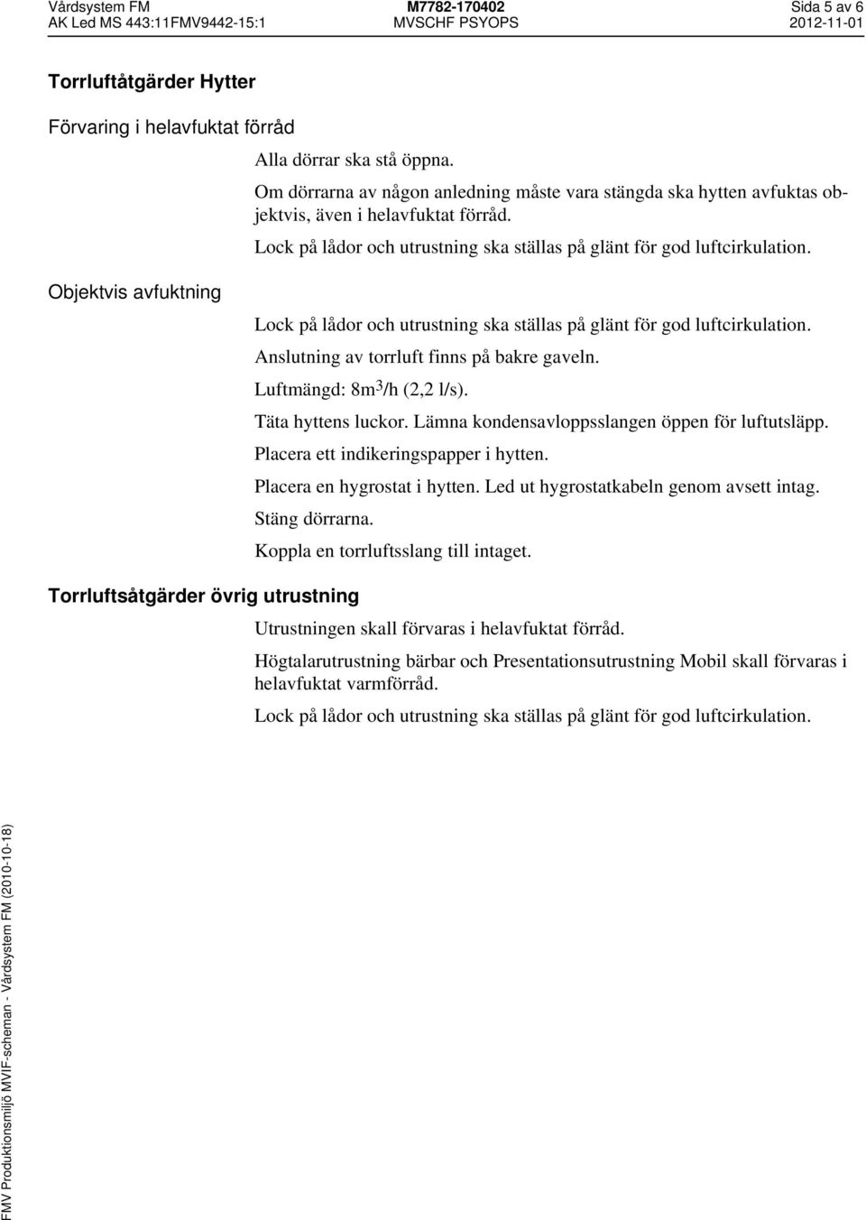 Objektvis avfuktning Lock på lådor och utrustning ska ställas på glänt för god luftcirkulation. Anslutning av torrluft finns på bakre gaveln. Luftmängd: 8m 3 /h (2,2 l/s). Täta hyttens luckor.